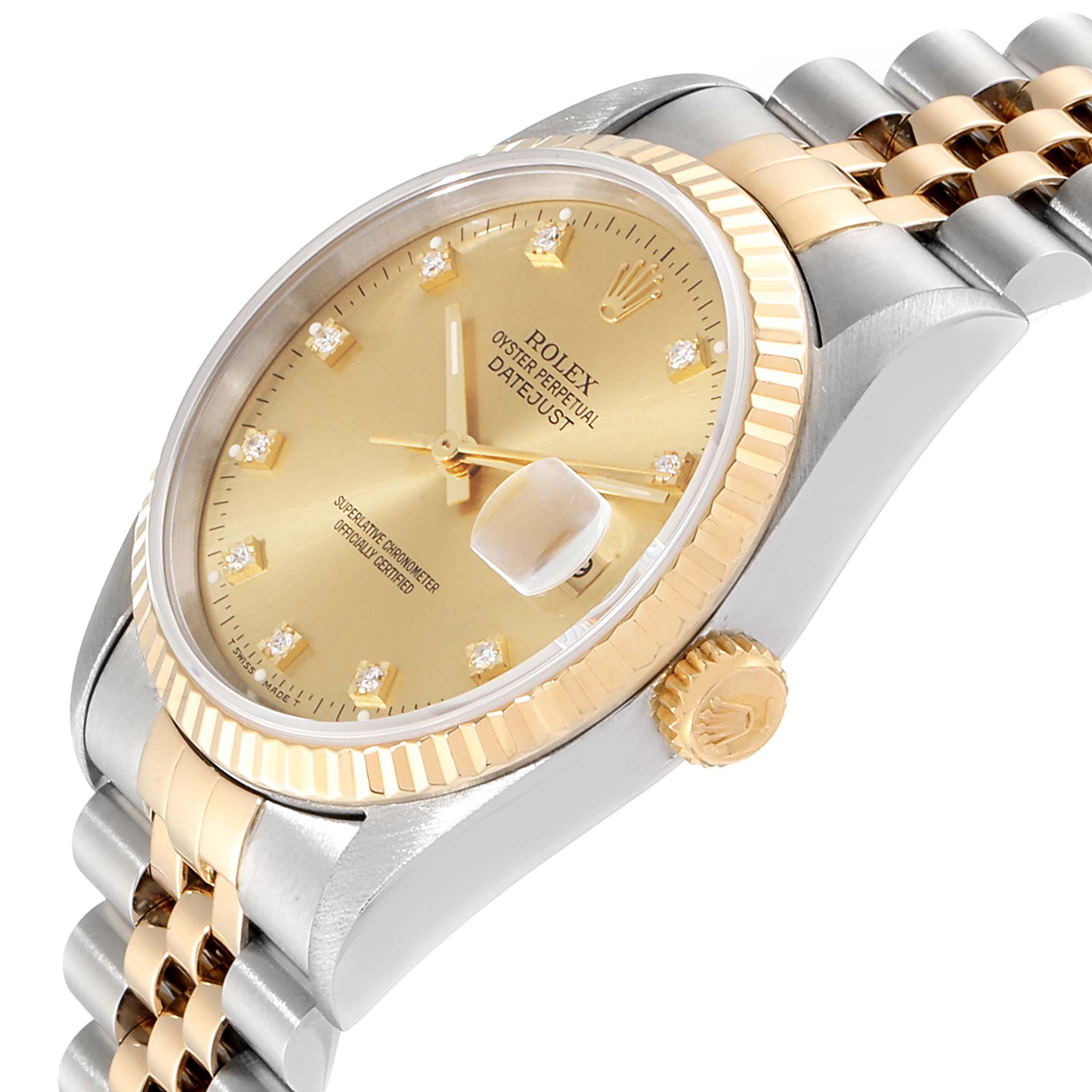 This image shows a close-up side view of the Rolex Datejust 16233 Men
s Steel and Gold (two tone) Champagne Dial 16233 Men
s Steel and Gold (two tone) Champagne Dial watch, highlighting the dial, bezel, crown, and part of the bracelet.