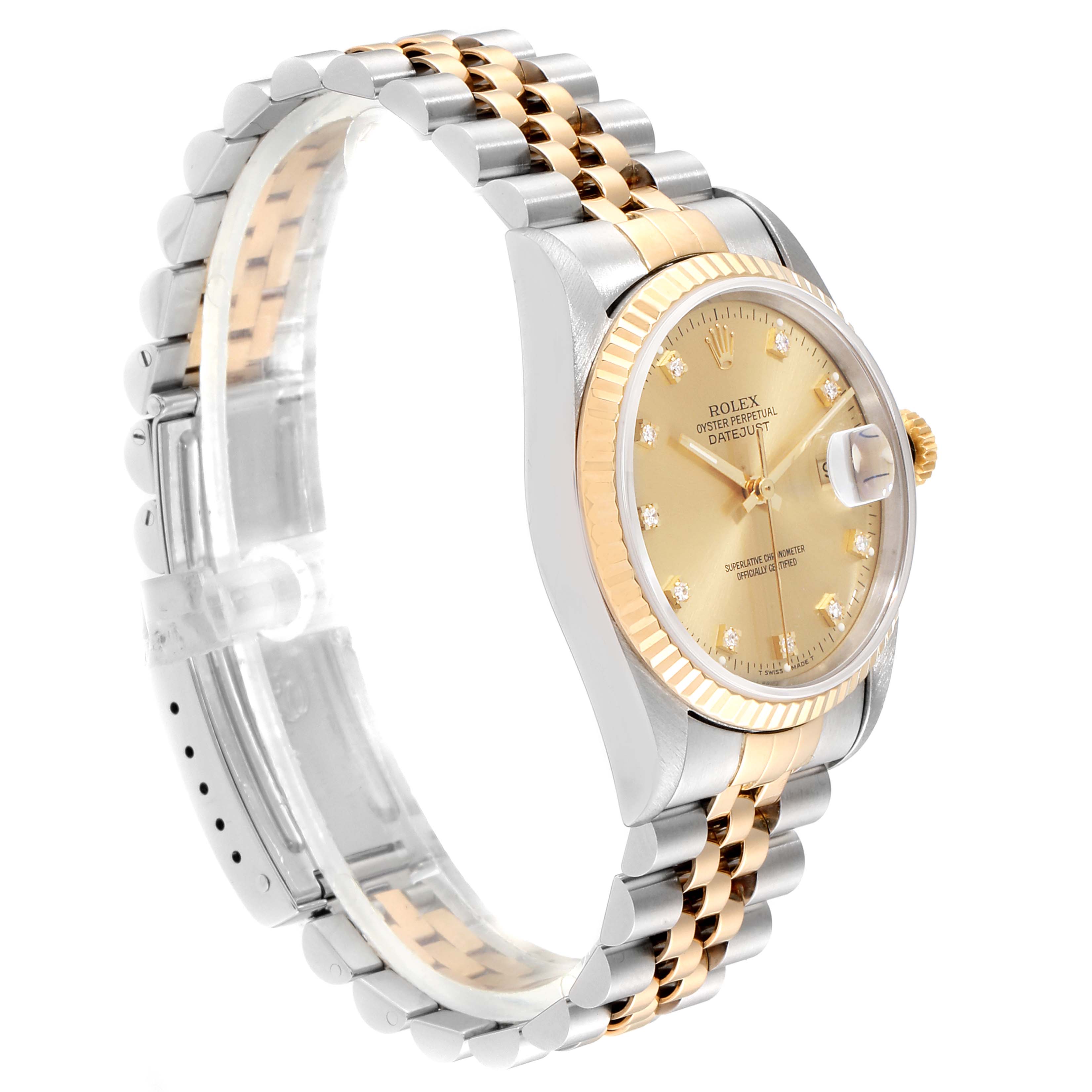 The image shows a side angle of a Rolex Datejust 16233 Men
s Steel and Gold (two tone) Champagne Dial 16233 Men
s Steel and Gold (two tone) Champagne Dial watch, highlighting the bezel, dial, crown, and two-tone Jubilee bracelet.
