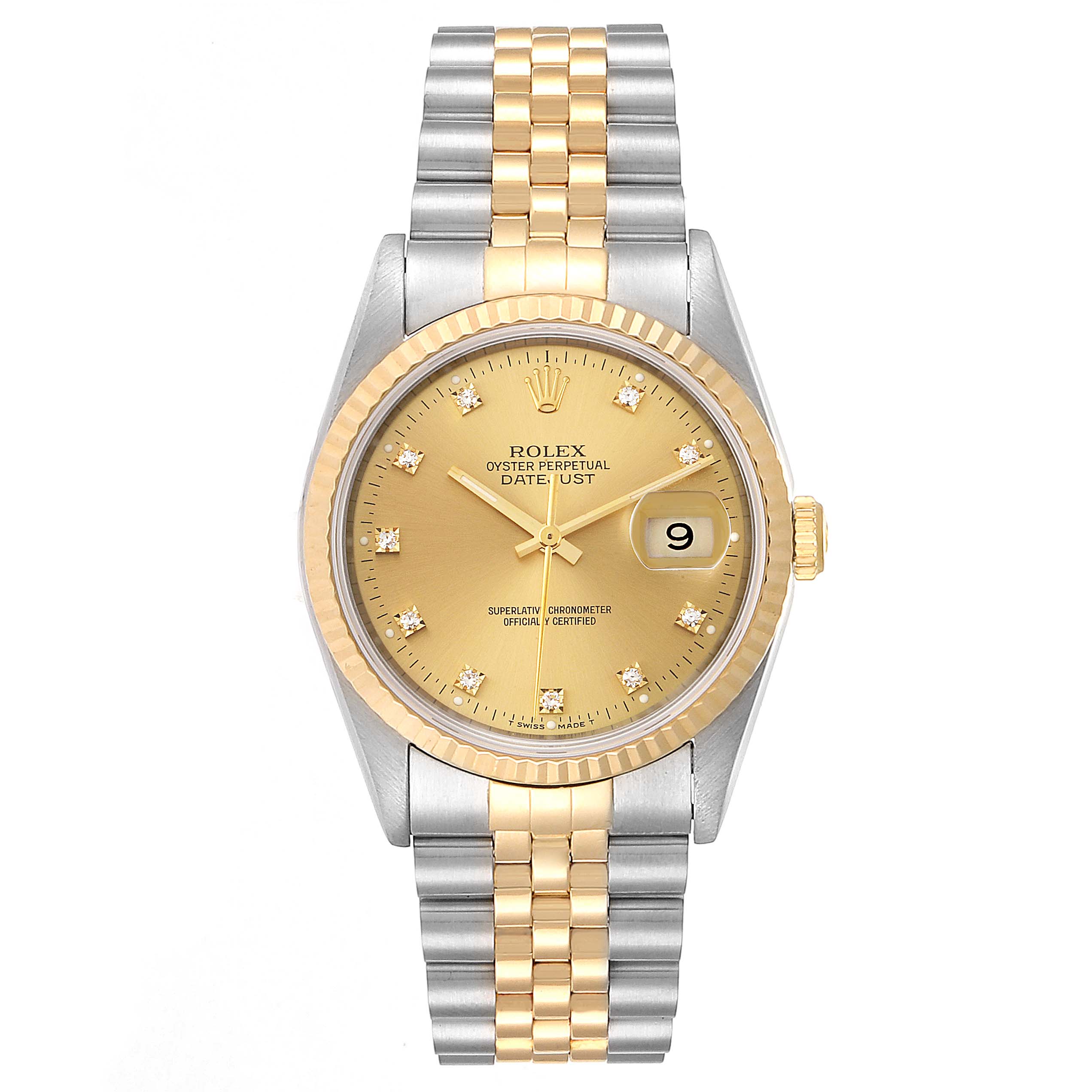 This image shows a Rolex Datejust 16233 Men
s Steel and Gold (two tone) Champagne Dial 16233 Men
s Steel and Gold (two tone) Champagne Dial watch
s front view, featuring its gold dial, jubilee bracelet, and date window.