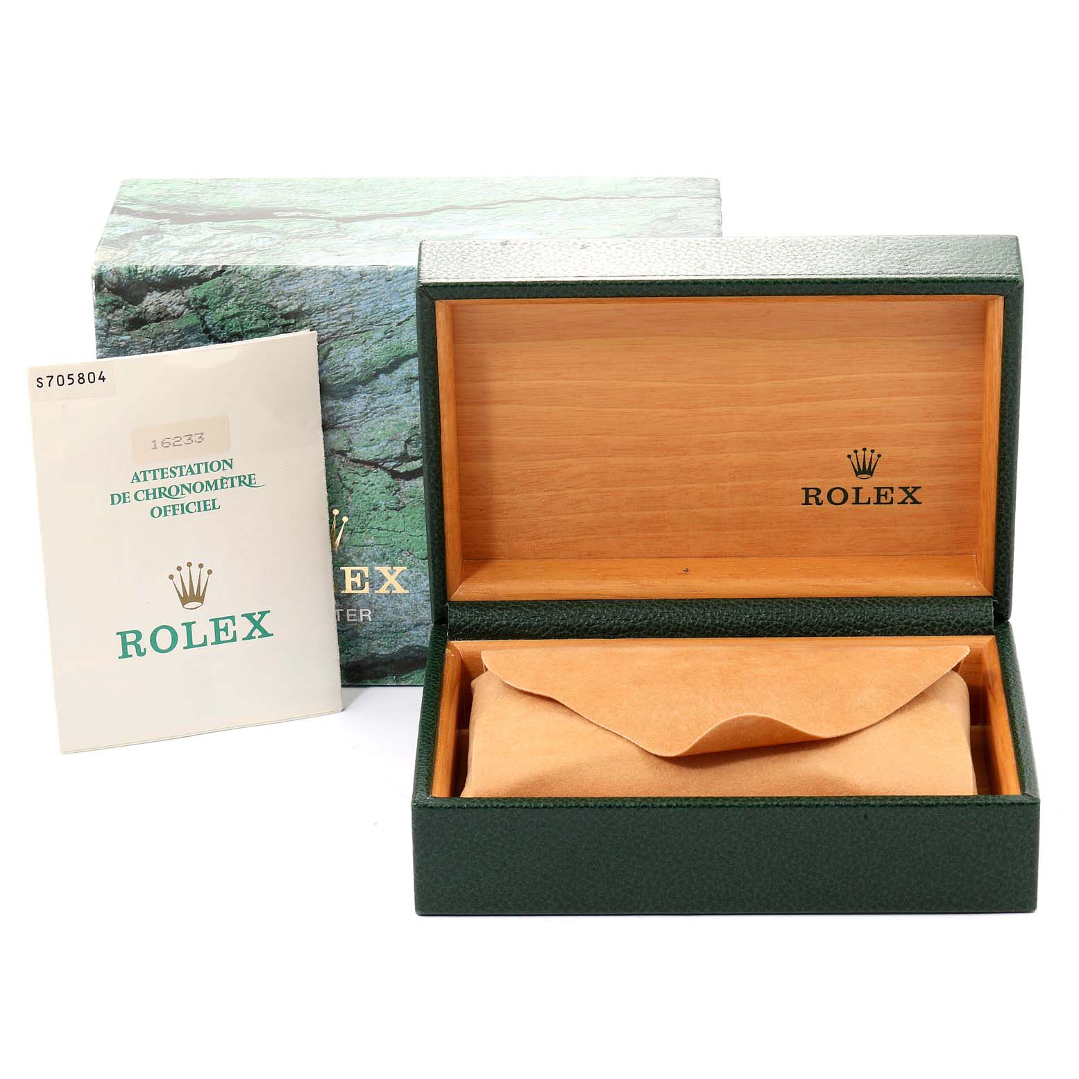 The image shows the packaging and documentation of a Rolex Datejust 16233 Men
s Steel and Gold (two tone) Champagne Dial 16233 Men
s Steel and Gold (two tone) Champagne Dial, including the green box, inner suede box, and official certificate.