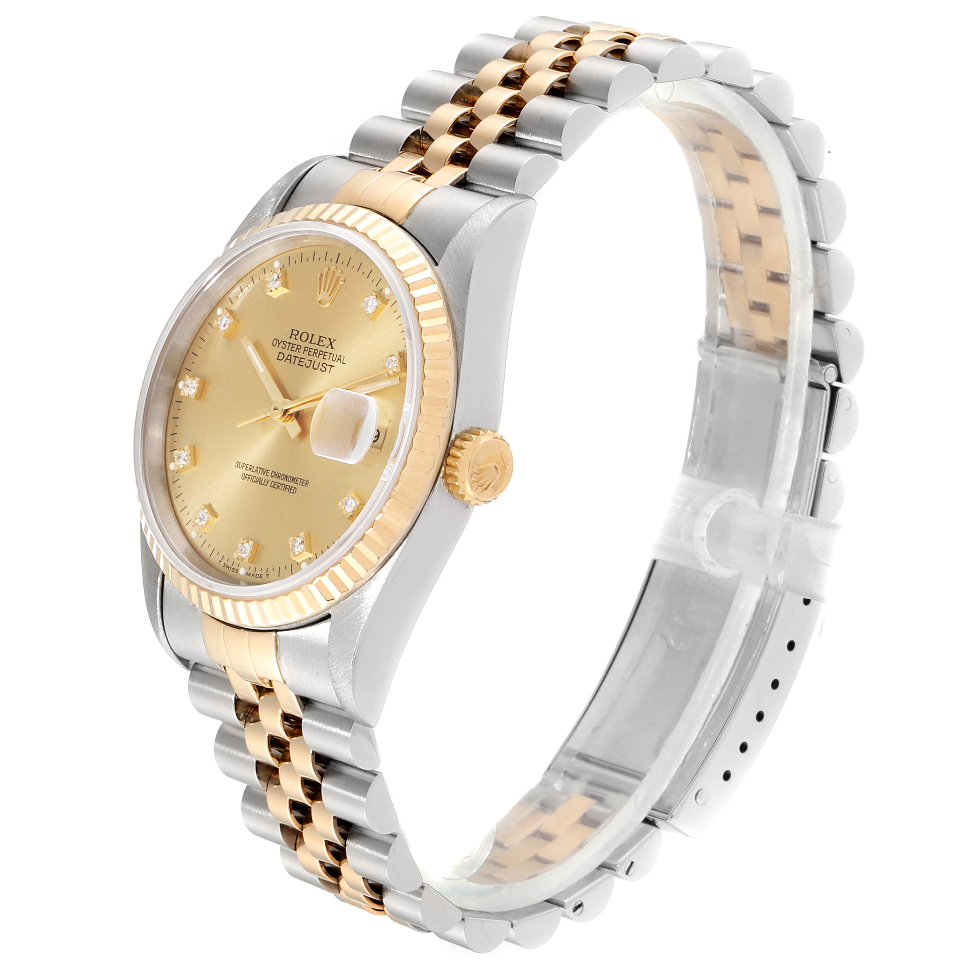 The Rolex Datejust 16233 Men
s Steel and Gold (two tone) Champagne Dial 16233 Men
s Steel and Gold (two tone) Champagne Dial watch is shown at an angle highlighting the face, bezel, crown, and two-tone bracelet.
