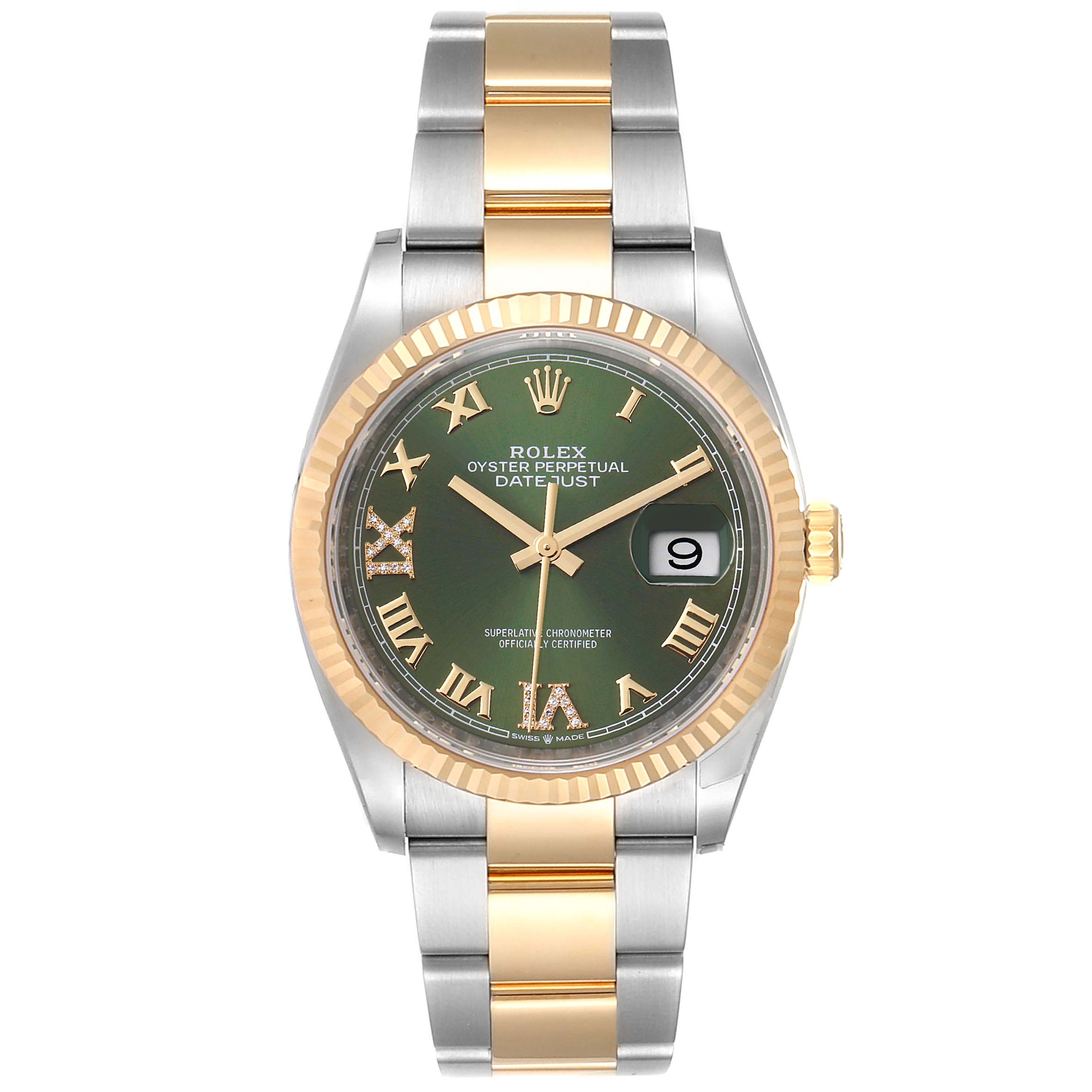 This image shows a frontal view of a Rolex Datejust 126233 Men's Steel and Gold (two tone) Green Dial 126233 Men's Steel and Gold (two tone) Green Dial watch, highlighting its dial, bezel, and bracelet.