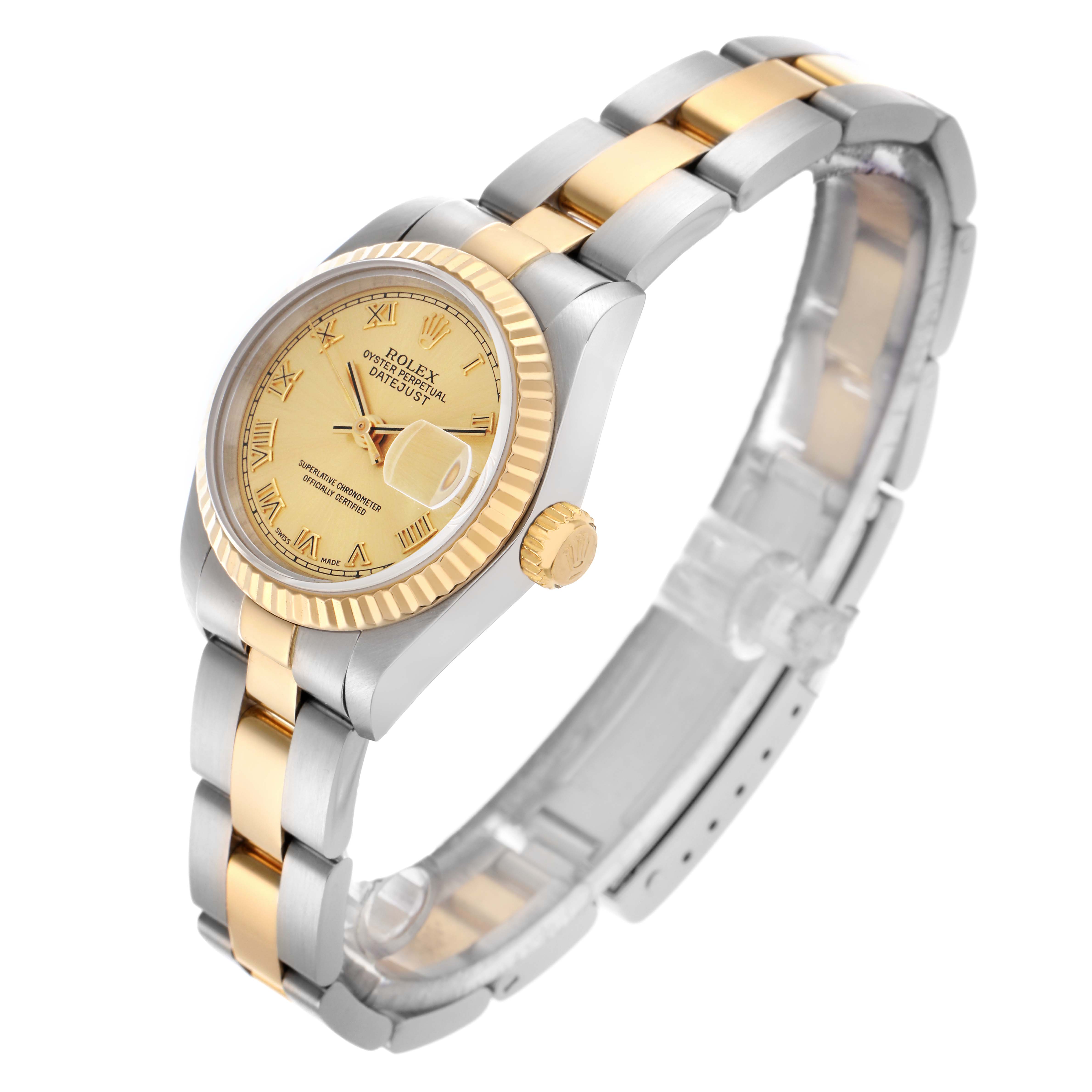 The Rolex Datejust 69173 Women's Steel and Gold (two tone) Champagne Dial 69173 Women's Steel and Gold (two tone) Champagne Dial is shown from a three-quarter angle highlighting the gold and silver bracelet, bezel, and dial.