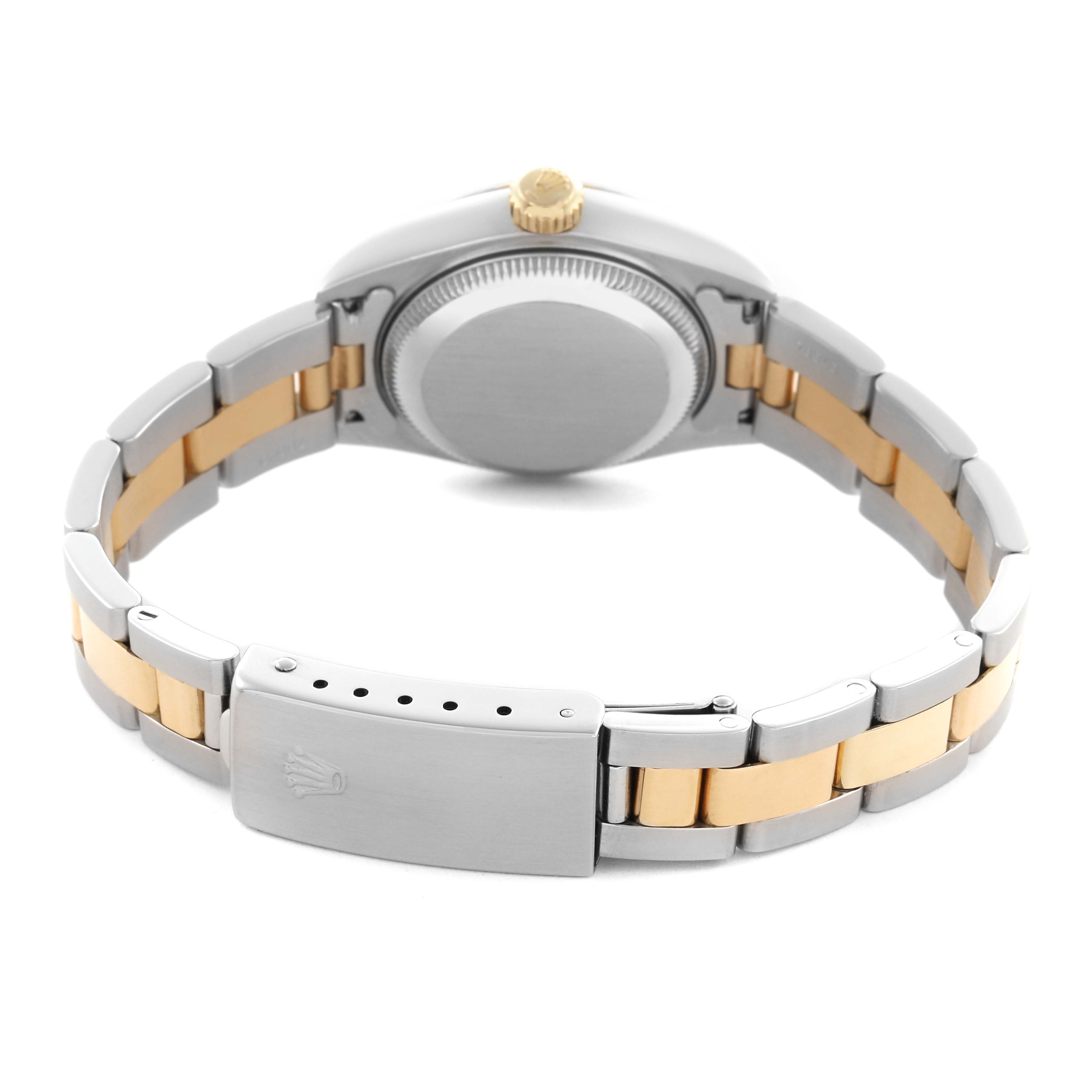 The image shows the back case and bracelet of a Rolex Datejust 69173 Women's Steel and Gold (two tone) Champagne Dial 69173 Women's Steel and Gold (two tone) Champagne Dial, highlighting the two-tone metal and clasp.