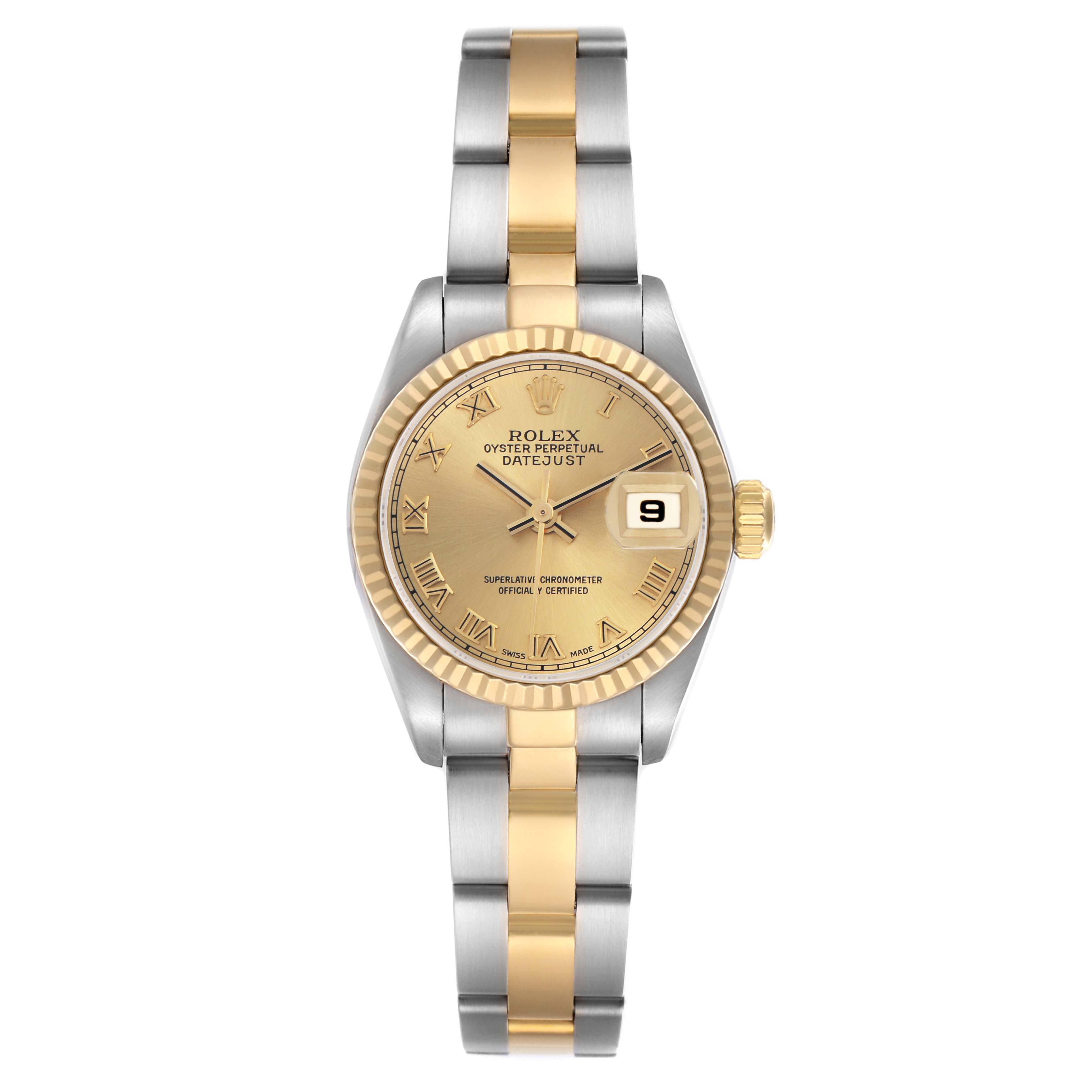The Rolex Datejust 69173 Women's Steel and Gold (two tone) Champagne Dial 69173 Women's Steel and Gold (two tone) Champagne Dial is shown from a front angle, displaying its two-tone bracelet, gold dial, and fluted bezel.