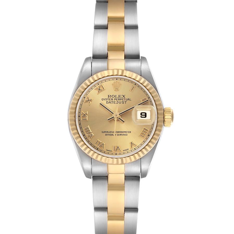 The Rolex Datejust watch is shown from a front angle, highlighting the dial, bezel, and two-tone bracelet.