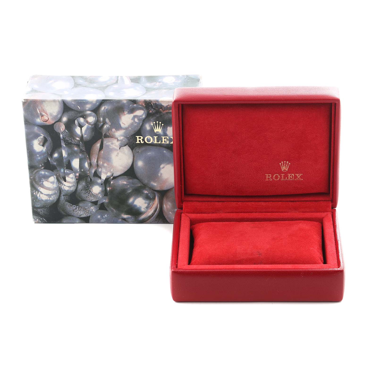 The image shows a red Rolex Datejust 69173 Women's Steel and Gold (two tone) Champagne Dial 69173 Women's Steel and Gold (two tone) Champagne Dial watch box with a textured outer cover, both prominently displaying the Rolex logo.