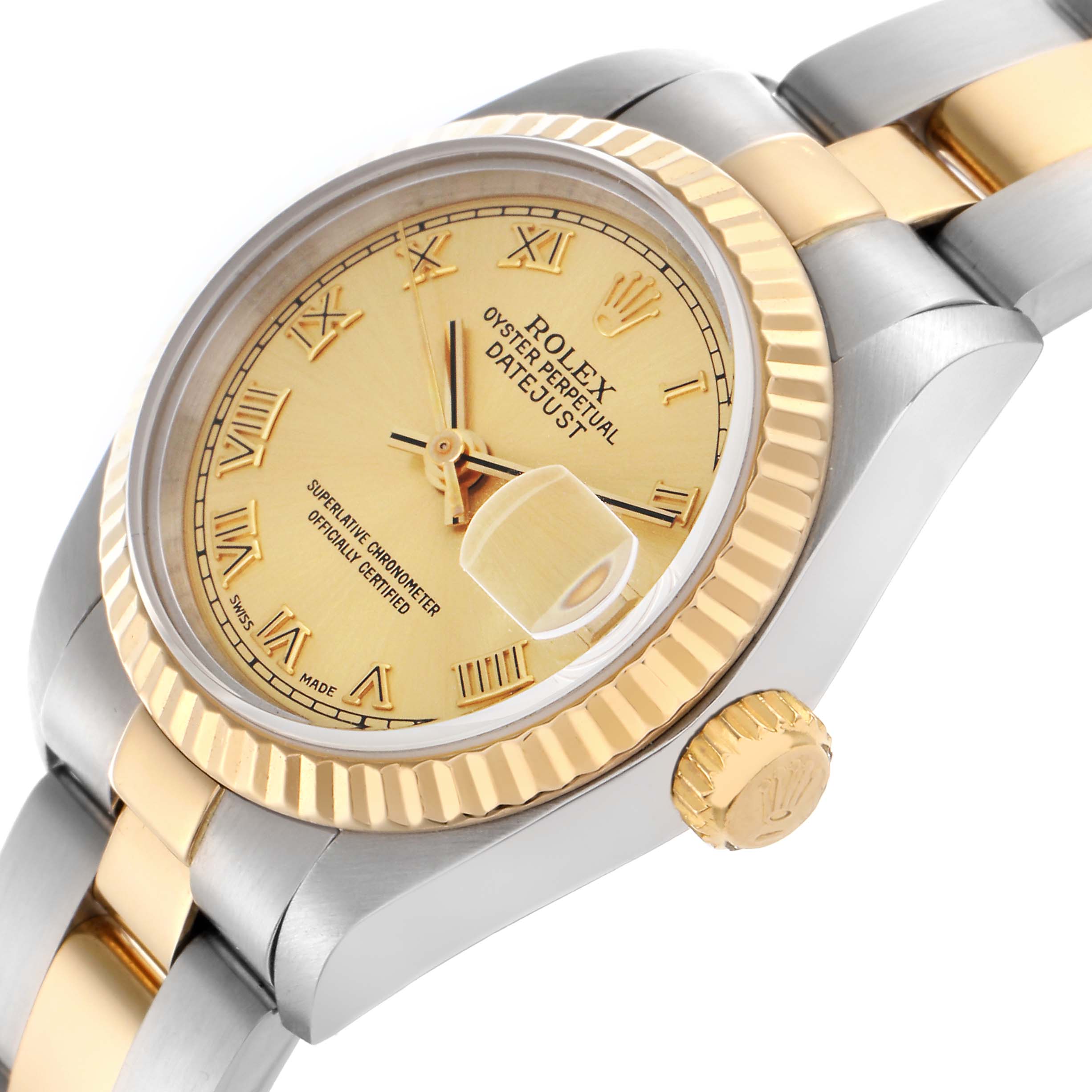 The Rolex Datejust 69173 Women's Steel and Gold (two tone) Champagne Dial 69173 Women's Steel and Gold (two tone) Champagne Dial watch is shown from an angled side view, displaying its bezel, dial, and part of the bracelet.