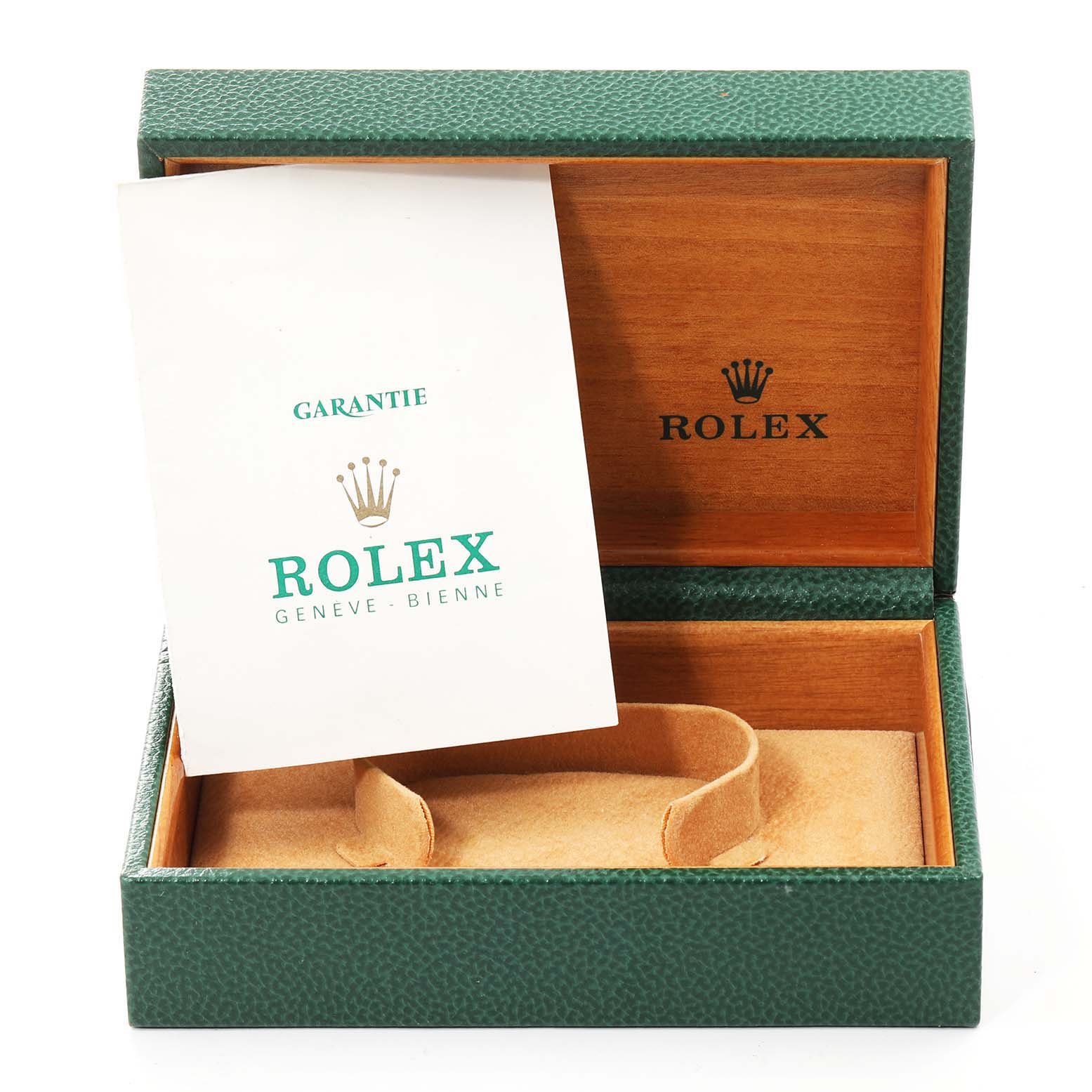 This image shows a Rolex Datejust 16018 Men's Yellow Gold Black Dial 16018 Men's Yellow Gold Black Dial packaging box with a warranty card inside, viewed from an angled top perspective.