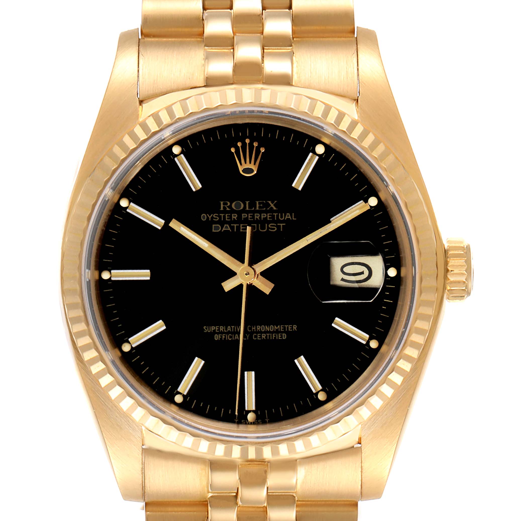 This image shows a frontal view of the Rolex Datejust 16018 Men's Yellow Gold Black Dial 16018 Men's Yellow Gold Black Dial watch, displaying the black dial, fluted bezel, and date window.