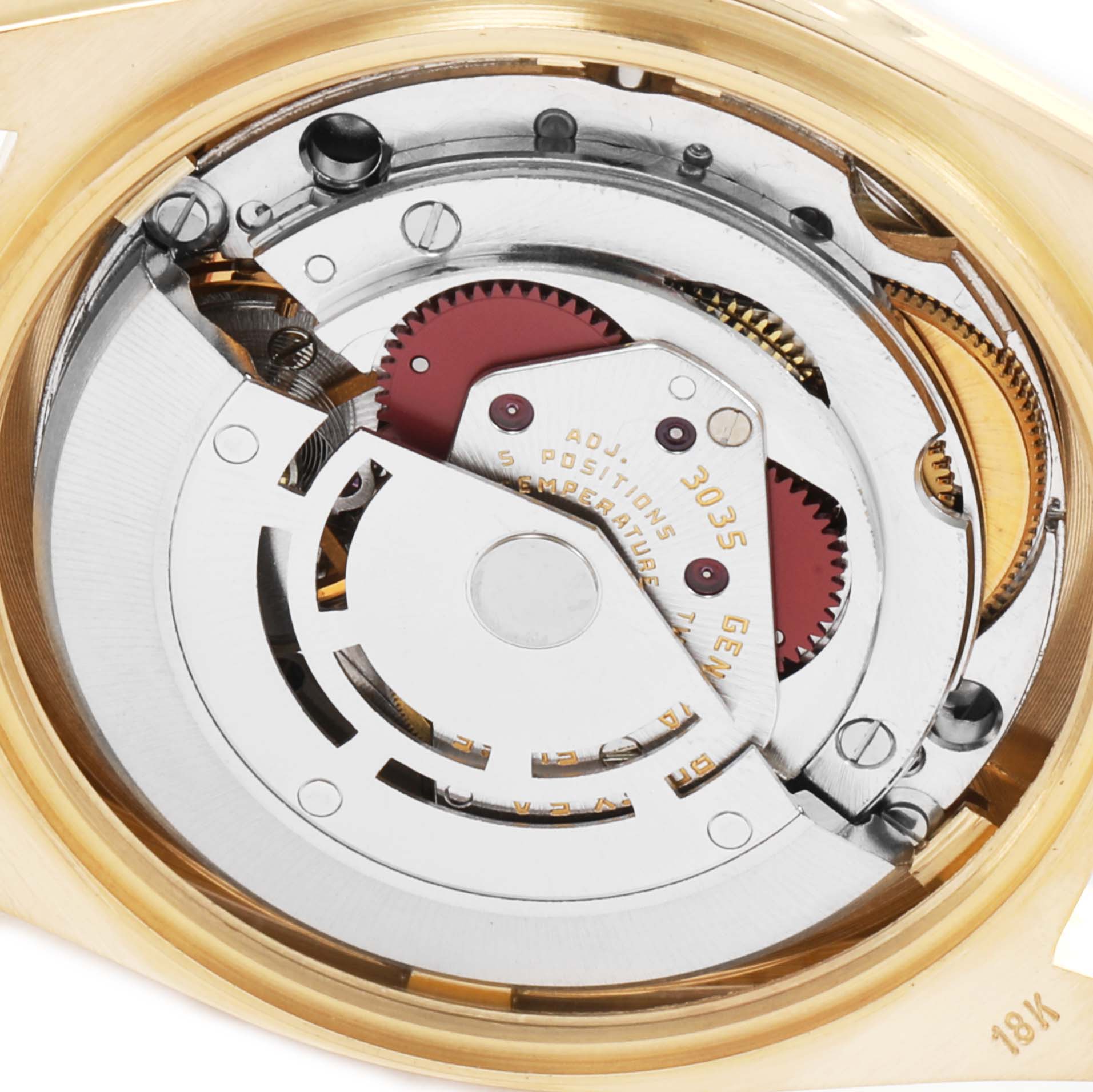 The image shows a close-up view of the movement mechanism inside a Rolex Datejust 16018 Men's Yellow Gold Black Dial 16018 Men's Yellow Gold Black Dial watch.