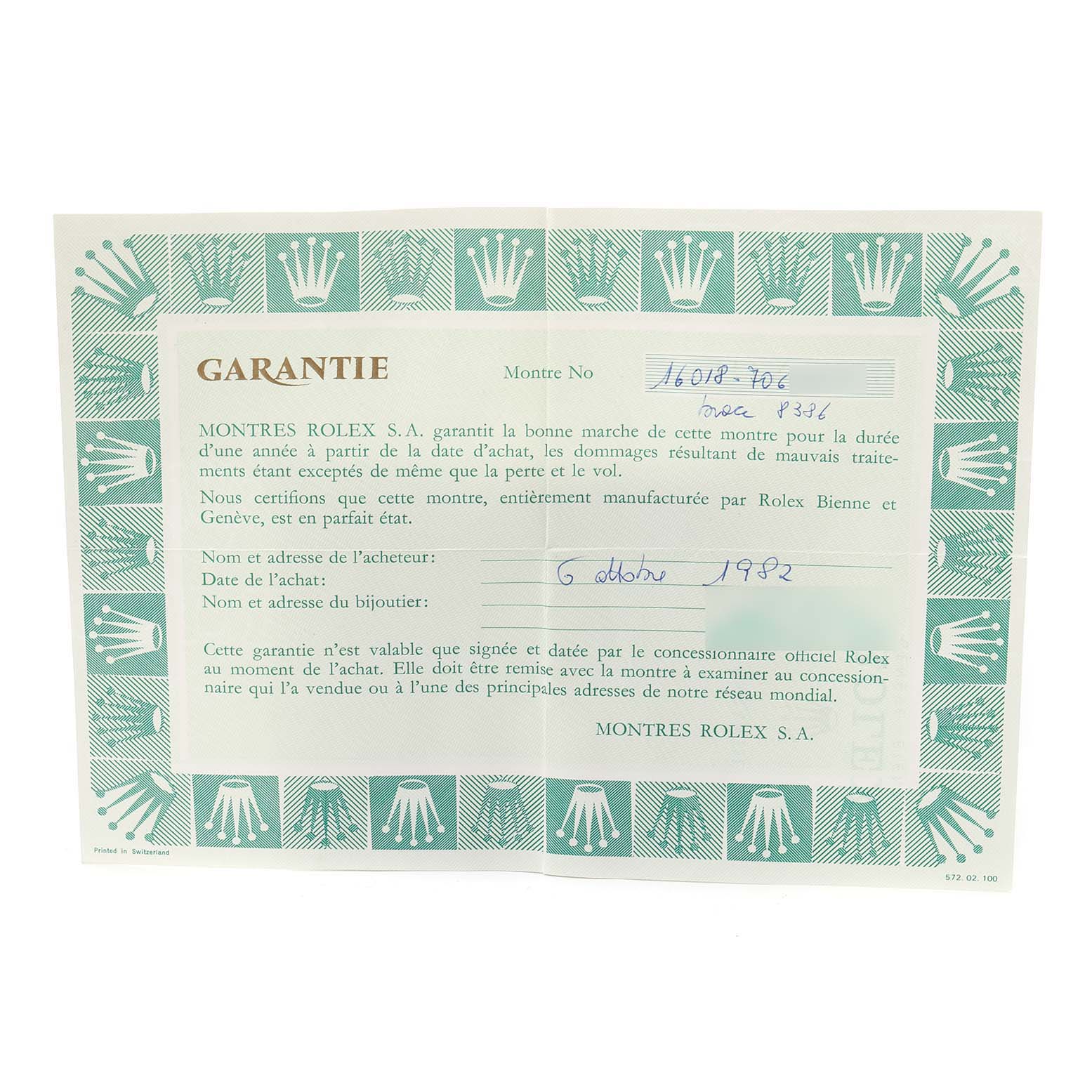 This is a warranty card for a Rolex Datejust 16018 Men's Yellow Gold Black Dial 16018 Men's Yellow Gold Black Dial watch, featuring logos and purchase details dated 1982.