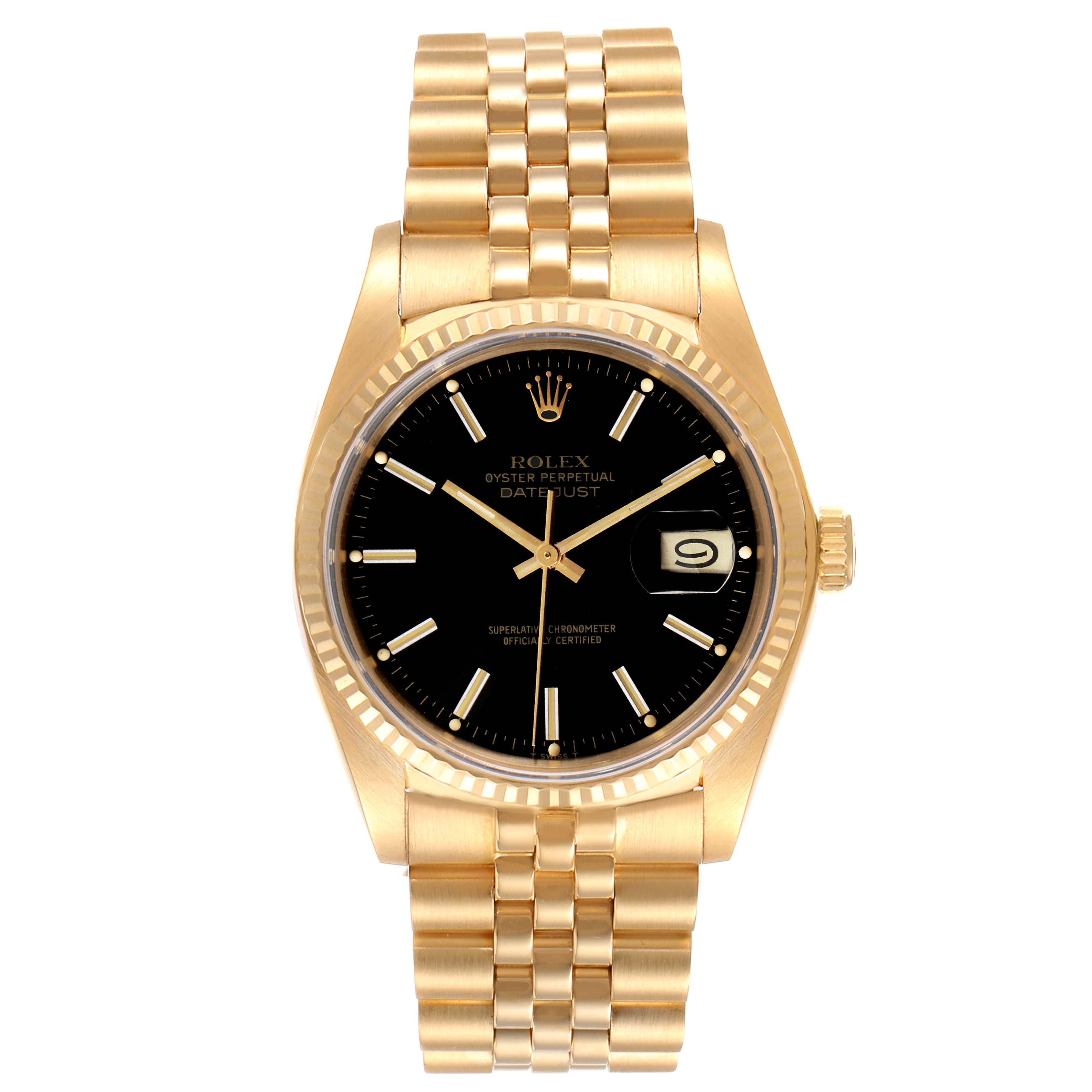 The image shows a front view of a Rolex Datejust 16018 Men's Yellow Gold Black Dial 16018 Men's Yellow Gold Black Dial watch with a gold case, black dial, and gold bracelet.