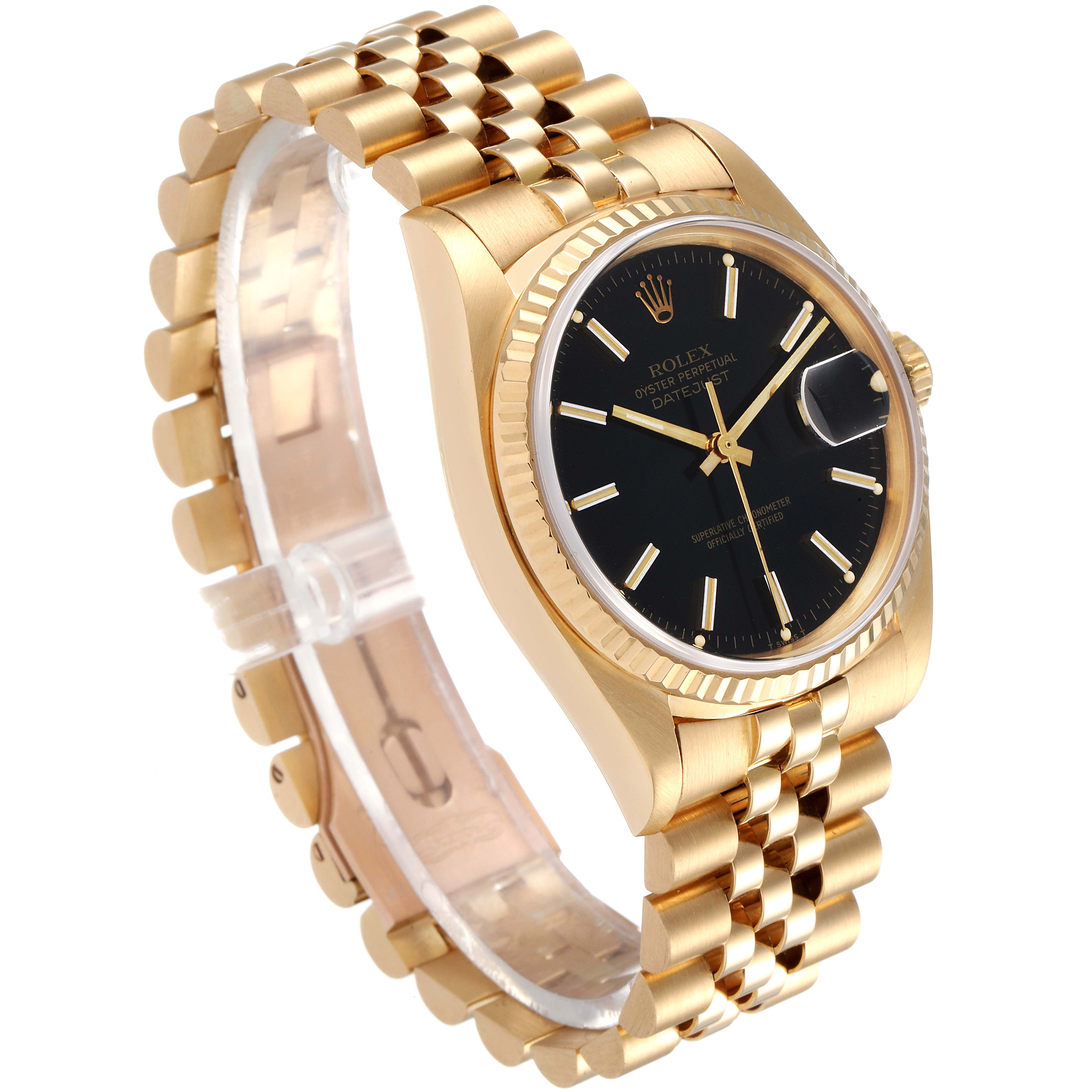 This angle shows the Rolex Datejust 16018 Men's Yellow Gold Black Dial 16018 Men's Yellow Gold Black Dial watch’s face, bezel, and bracelet in a side view.