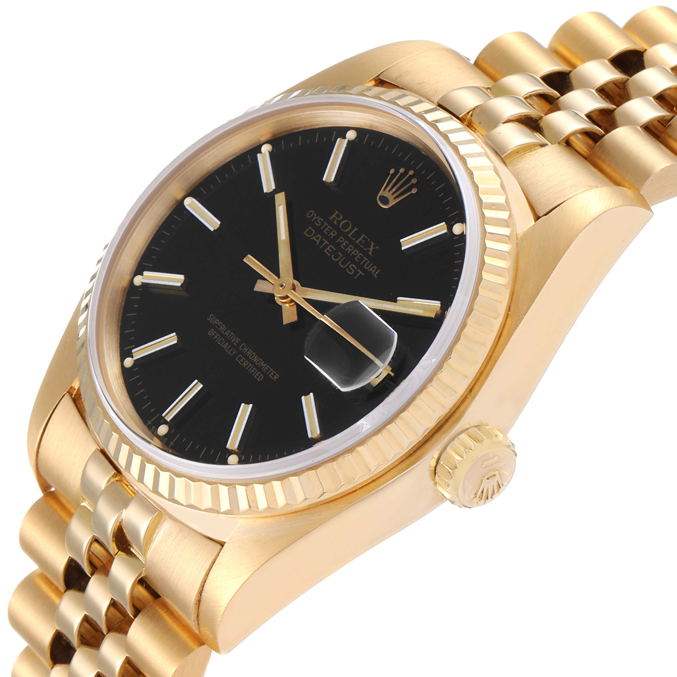 The image shows a side angle of the Rolex Datejust 16018 Men's Yellow Gold Black Dial 16018 Men's Yellow Gold Black Dial watch, highlighting its gold bracelet, black dial, and cyclops date window.