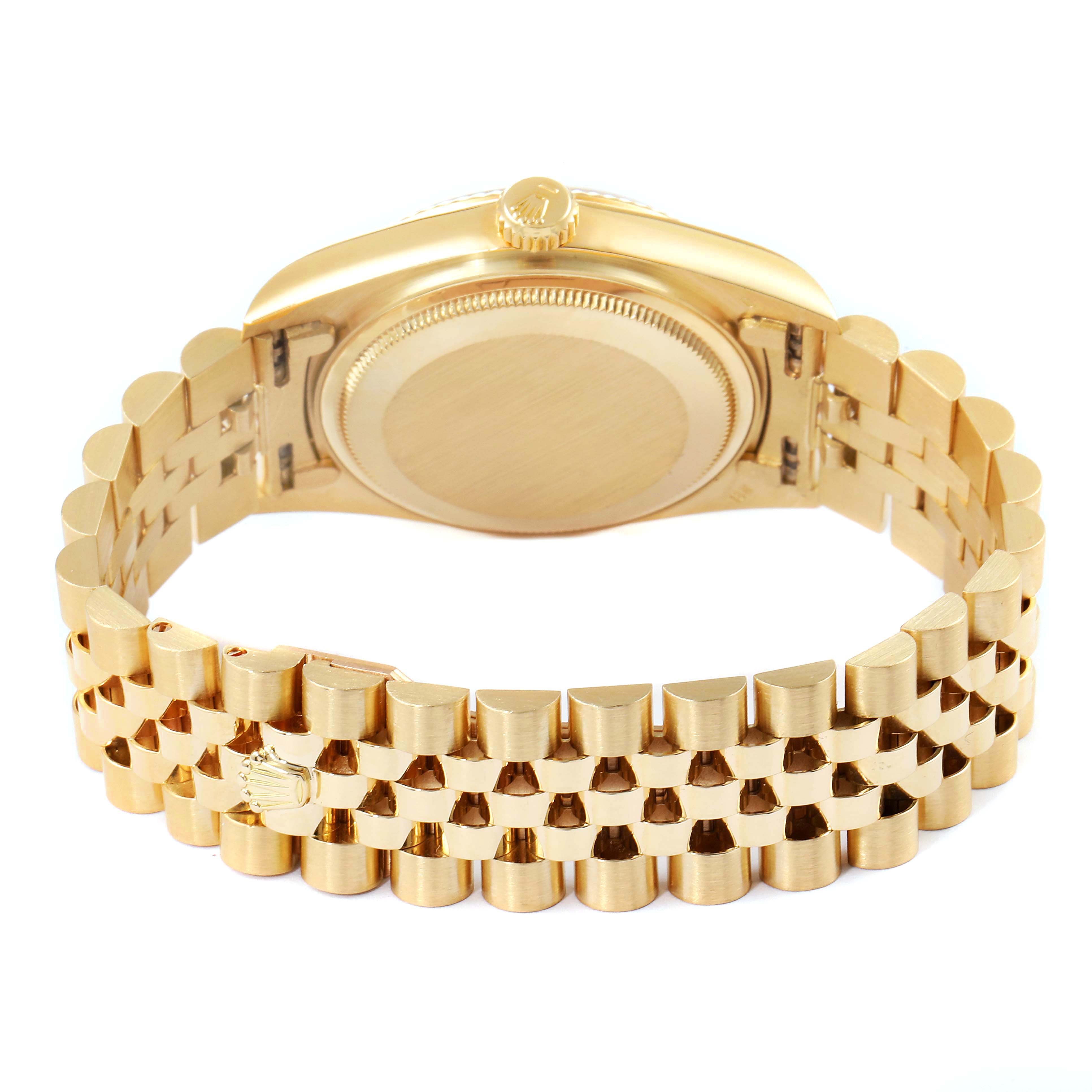 This image shows the back case and bracelet of the Rolex Datejust 16018 Men's Yellow Gold Black Dial 16018 Men's Yellow Gold Black Dial watch from a rear angle.