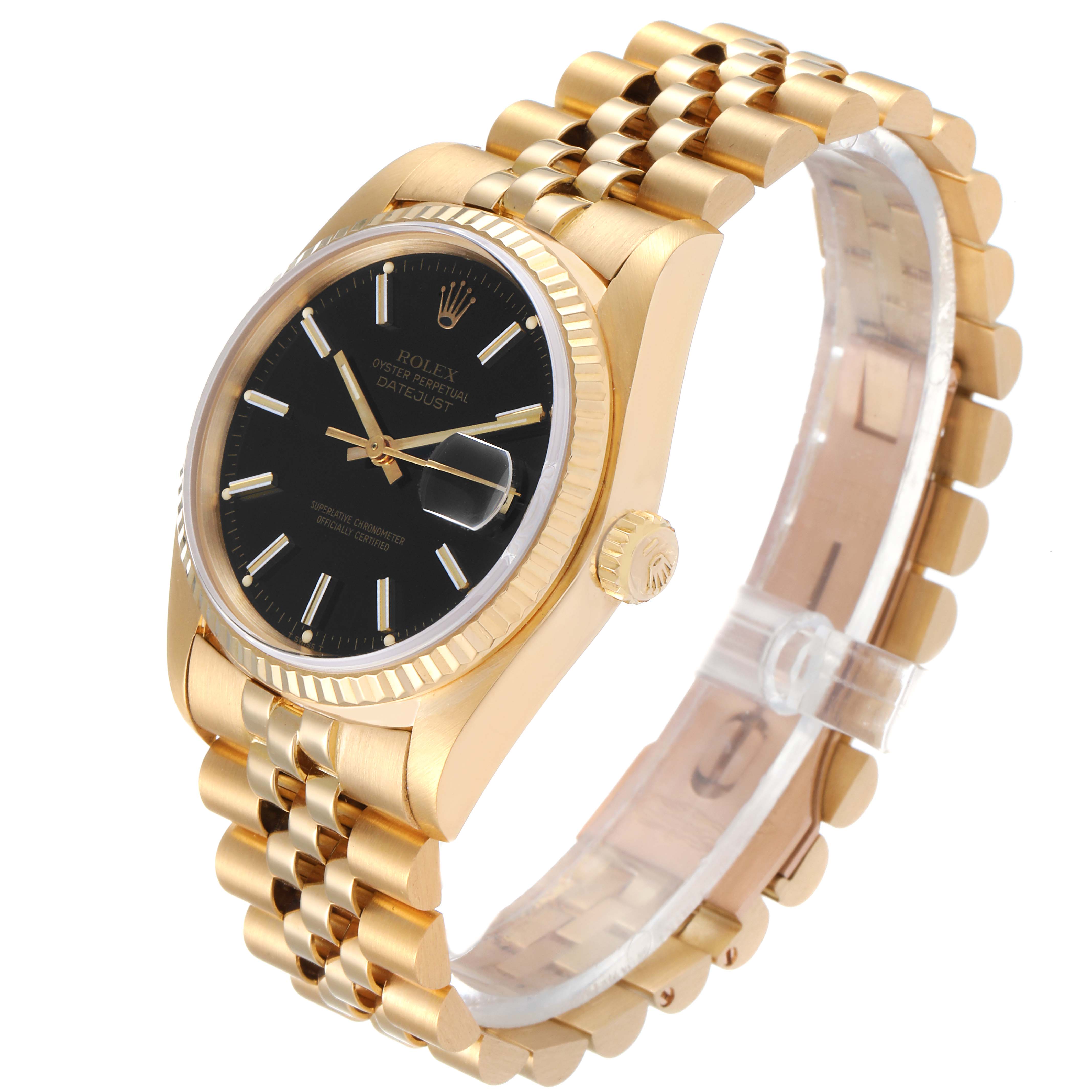 This image shows a side angle view of a Rolex Datejust 16018 Men's Yellow Gold Black Dial 16018 Men's Yellow Gold Black Dial, highlighting its gold case, black dial, and jubilee bracelet.
