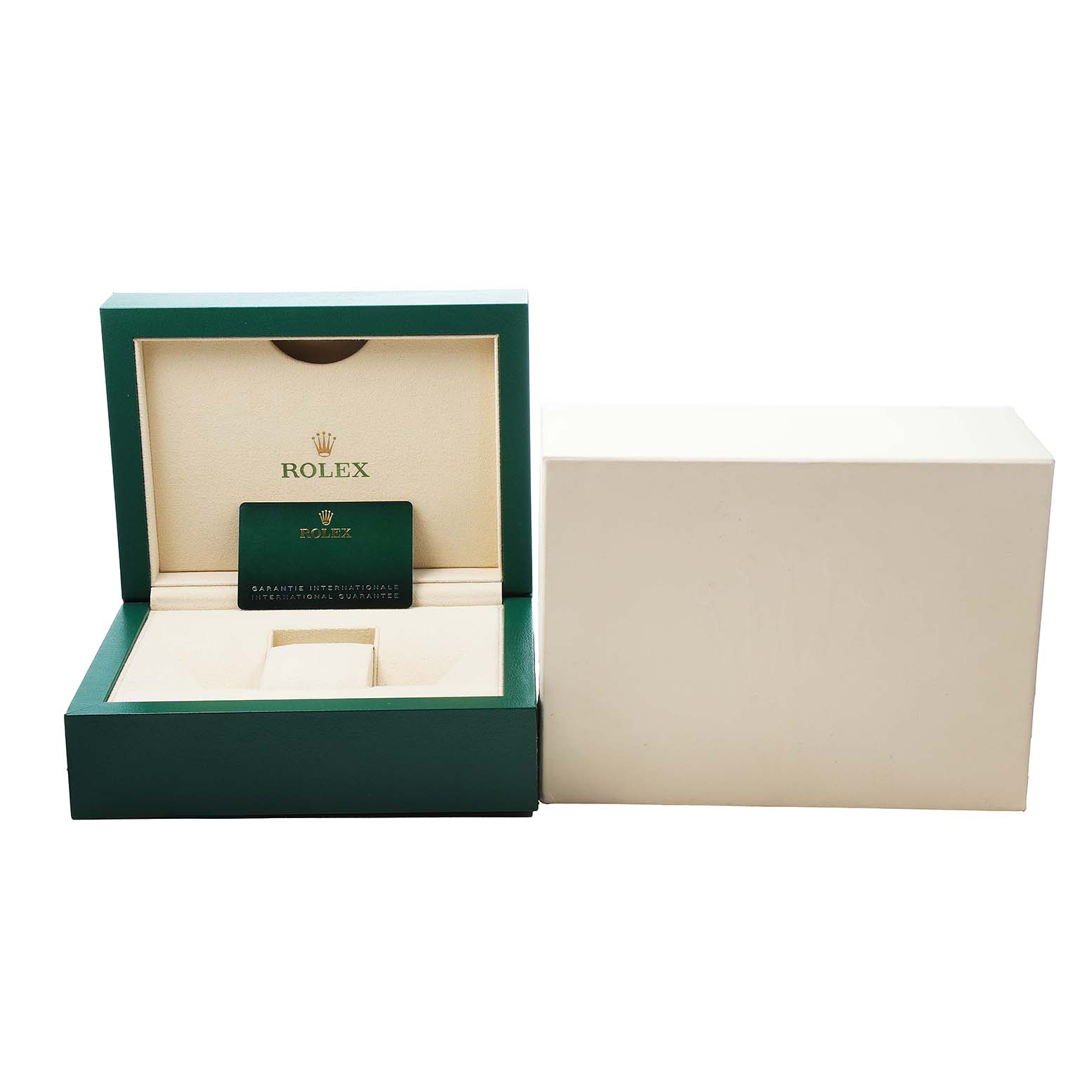 The image shows a Rolex Daytona 116500 Men's Stainless Steel Black Dial watch box and warranty card, with the box open and lid facing forward.