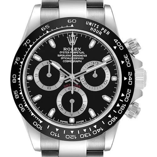 The Rolex Daytona 116500 Men's Stainless Steel Black Dial watch is shown from the front, highlighting the black dial, bezel, and metal bracelet.