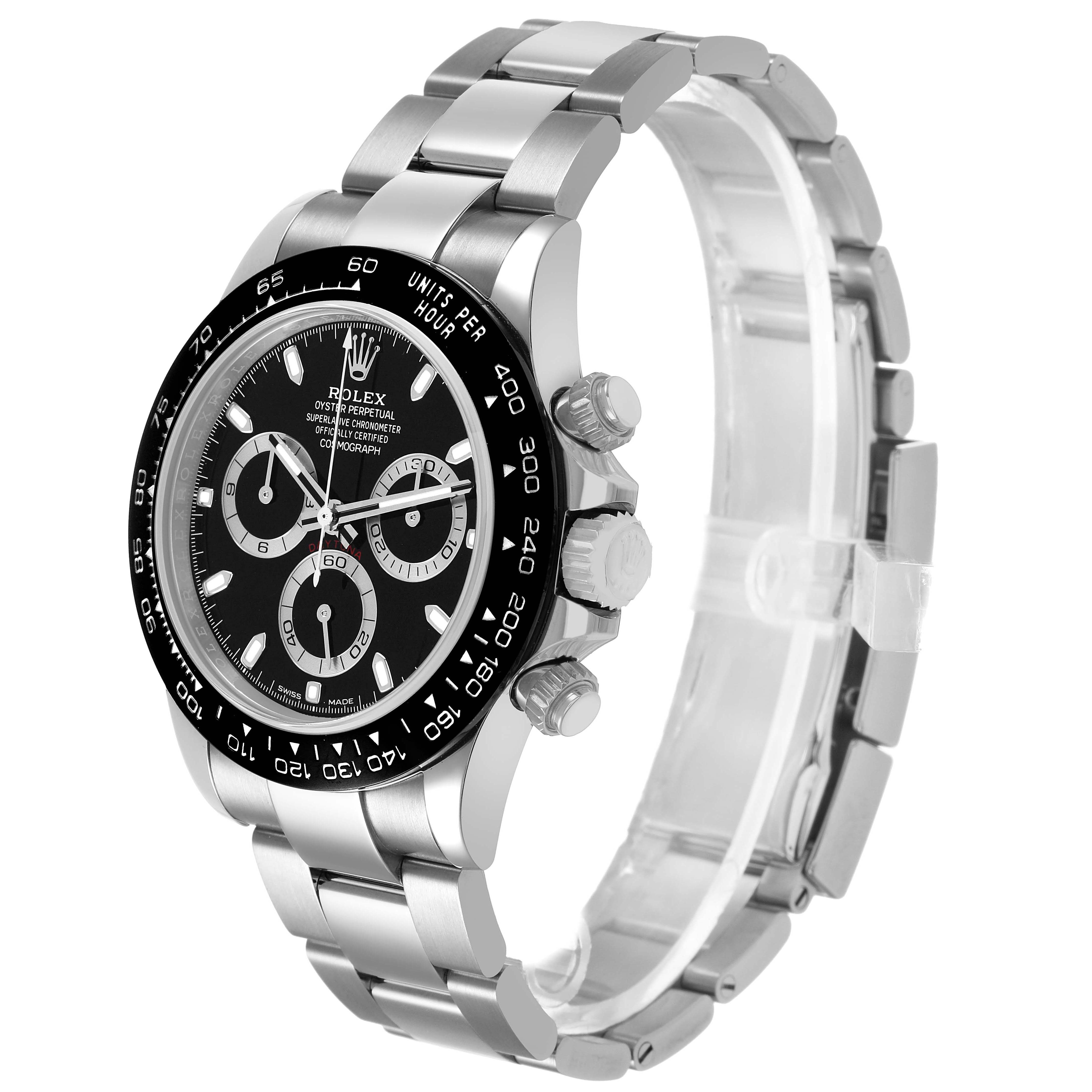 The Rolex Daytona 116500 Men's Stainless Steel Black Dial is shown at a three-quarter angle, displaying the face, bezel, crown, and bracelet.
