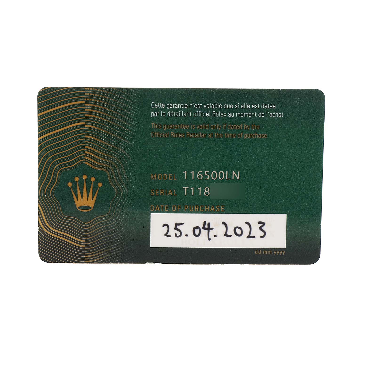 The image shows a warranty card for the Rolex Daytona 116500 Men's Stainless Steel Black Dial model 116500LN, with retail and purchase details.