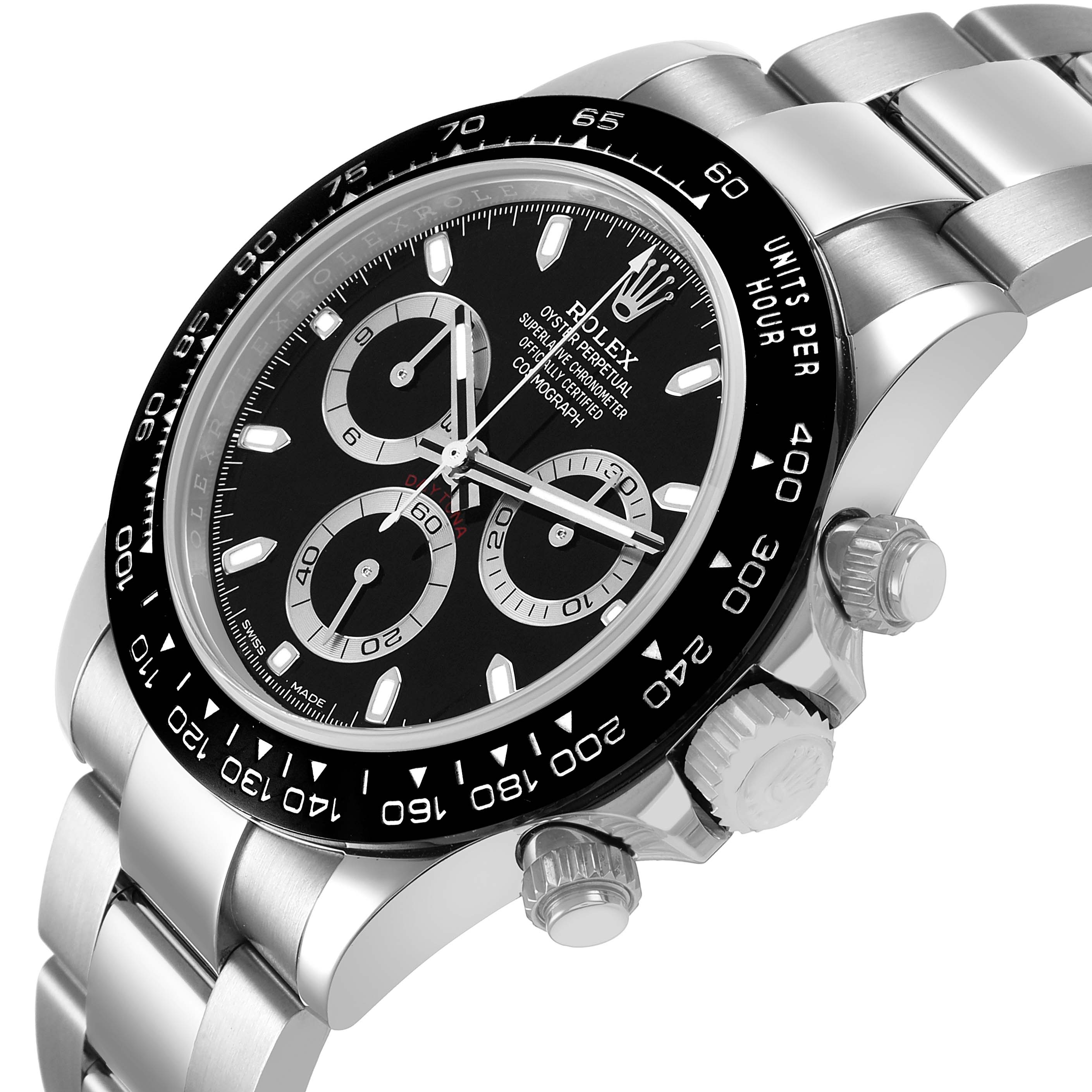 The Rolex Daytona 116500 Men's Stainless Steel Black Dial watch is shown at a slight side angle, highlighting the bezel, dial, bracelet, and crown.