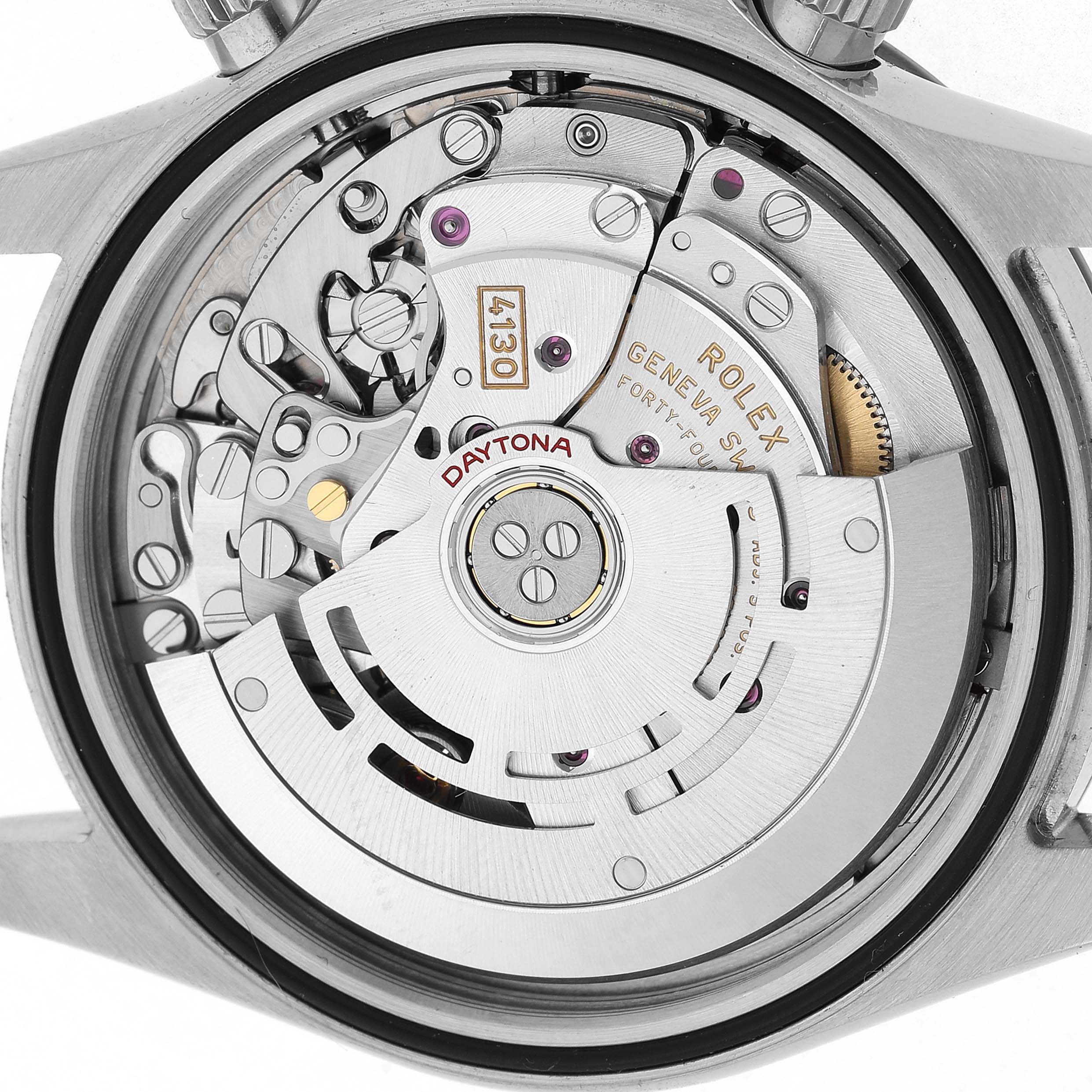 The image shows the movement and inner mechanism of the Rolex Daytona 116500 Men's Stainless Steel Black Dial watch viewed from the back.