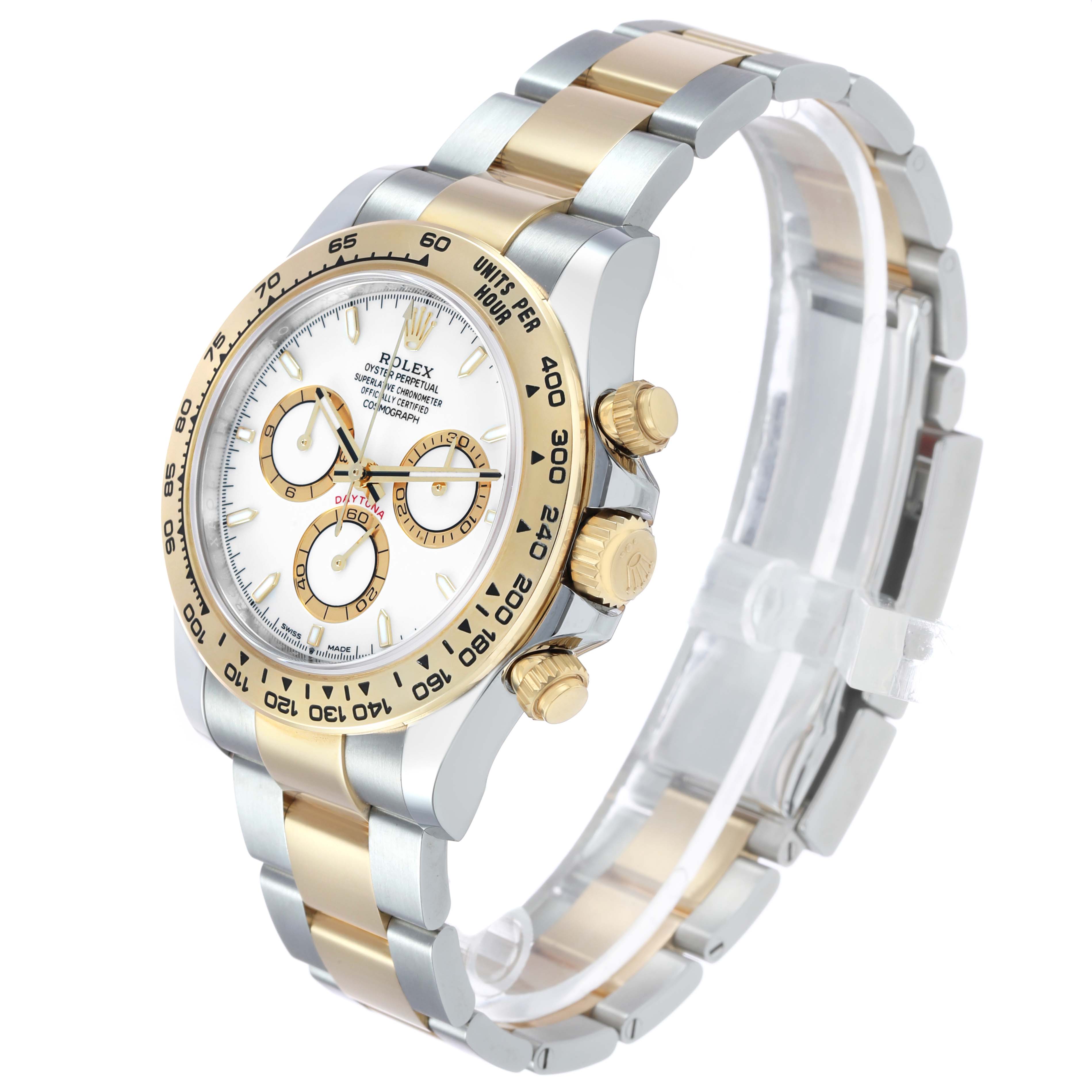 The Rolex Daytona 126503 Men's Steel and Gold (two tone) White Dial watch is shown at an oblique angle, highlighting the dial, bezel, and two-tone bracelet.