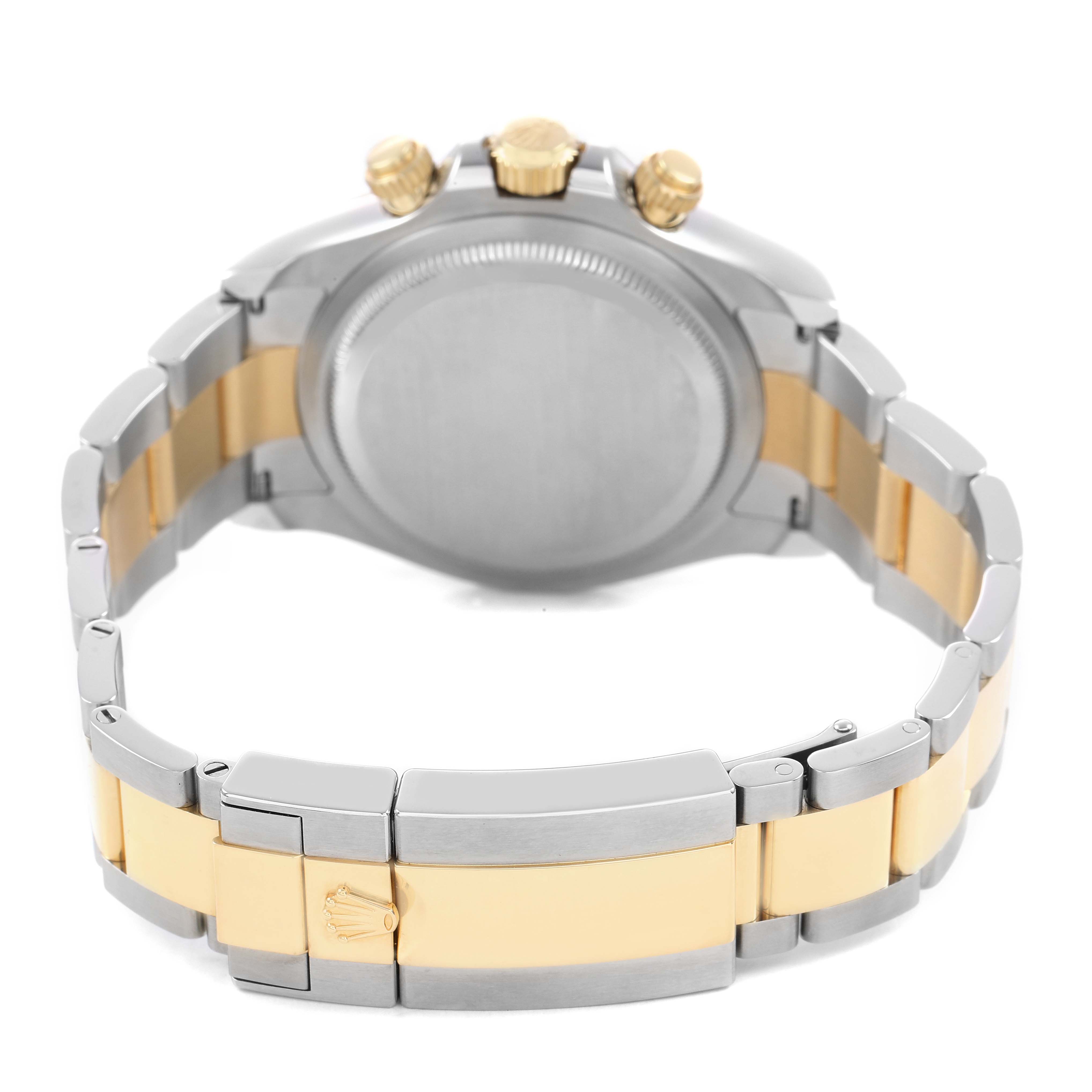 The image shows the Rolex Daytona 126503 Men's Steel and Gold (two tone) White Dial watch from the back, highlighting the case, bracelet, and clasp in a two-tone design.
