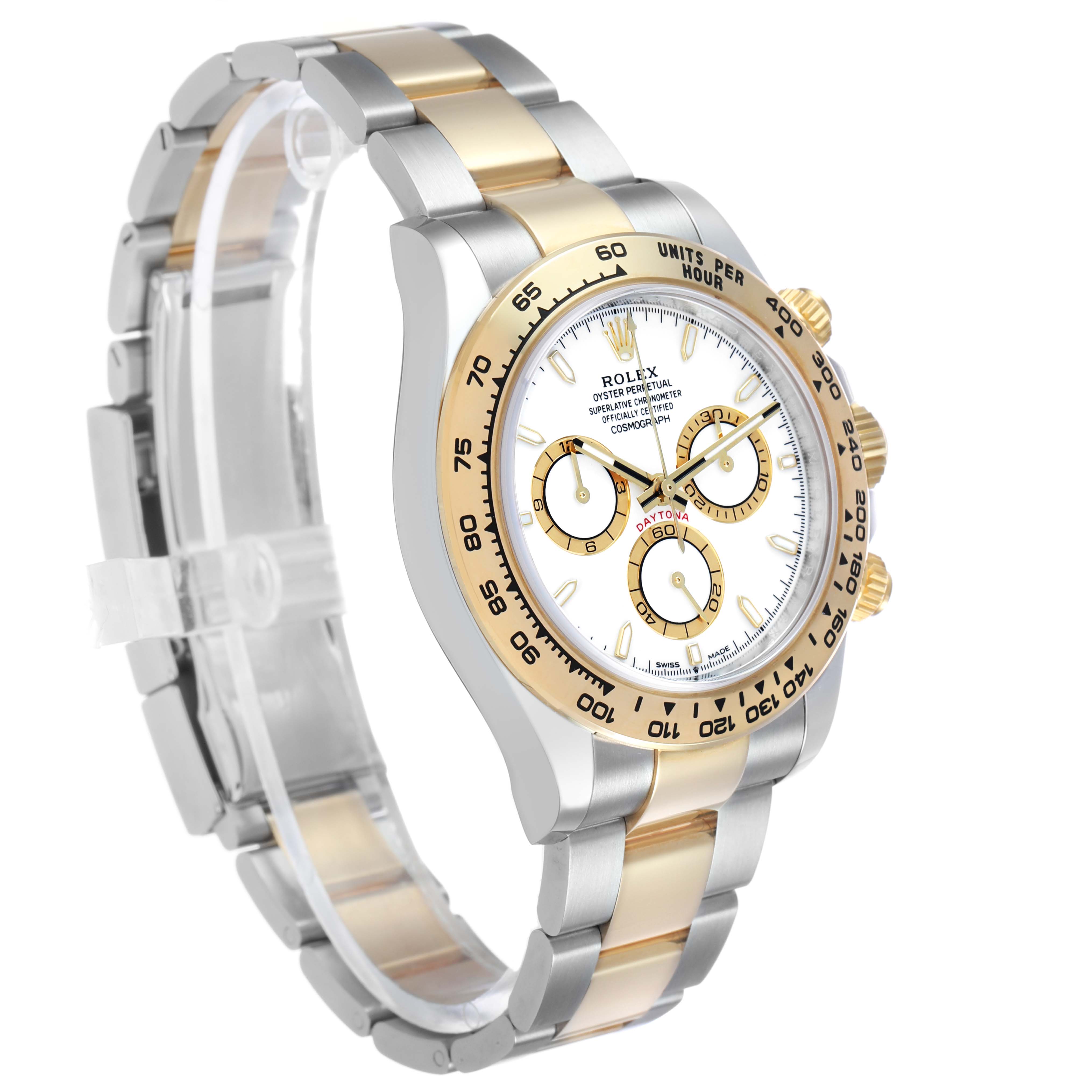 The Rolex Daytona 126503 Men's Steel and Gold (two tone) White Dial watch is shown at an angled side view, highlighting the face, bezel, and bracelet.