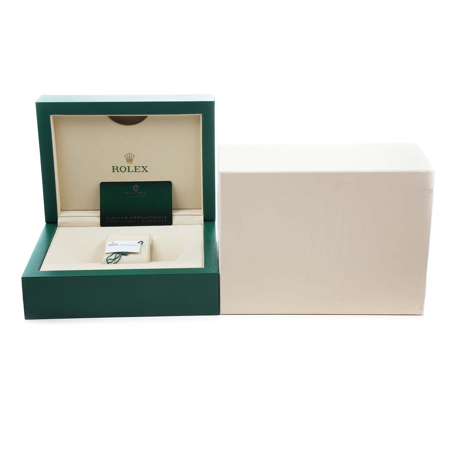 The image shows an open Rolex Daytona 126503 Men's Steel and Gold (two tone) White Dial box with a certificate, tag, and outer box from a front angle.