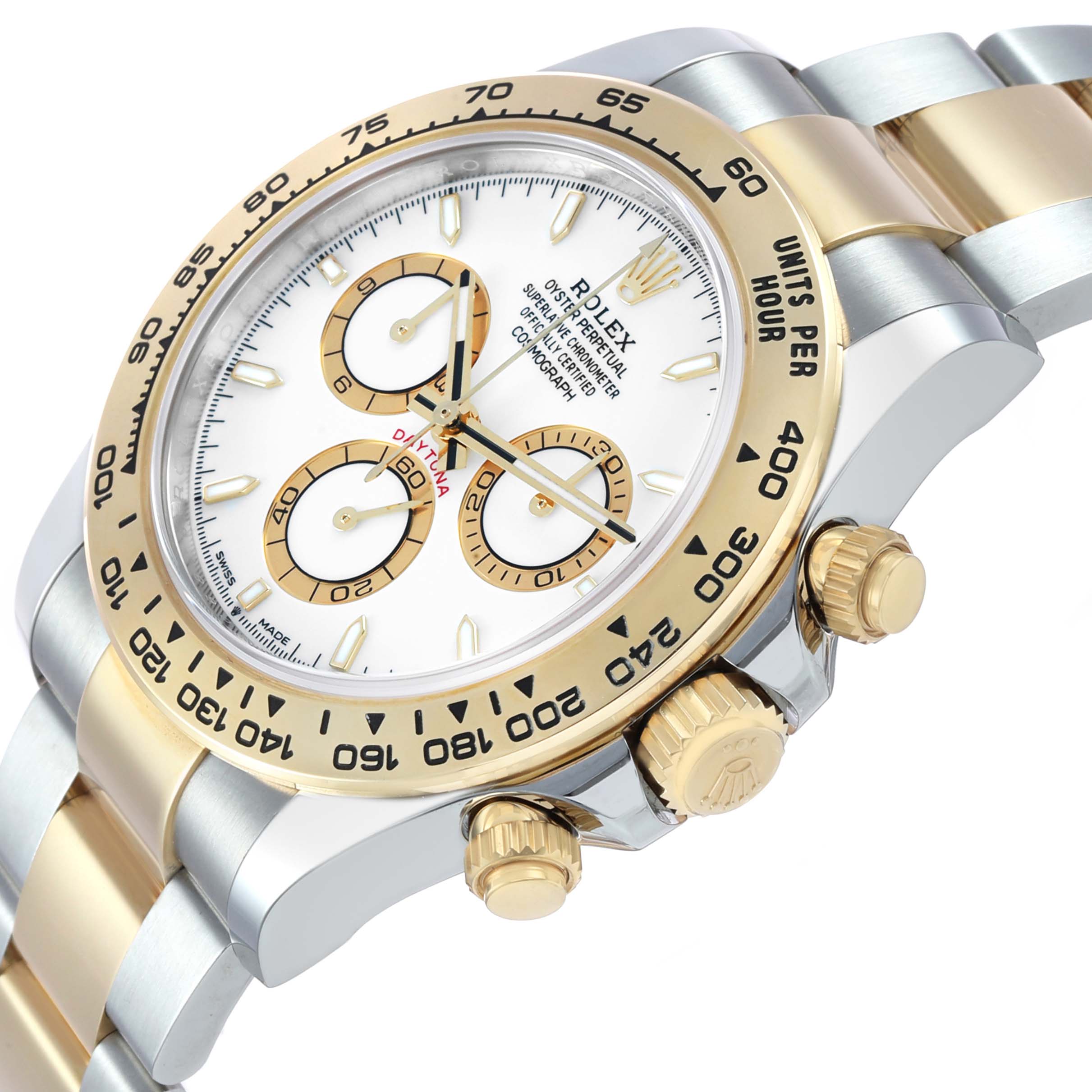 The Rolex Daytona 126503 Men's Steel and Gold (two tone) White Dial watch is shown at a side angle, highlighting the bezel, dial, pushers, and part of the bracelet.