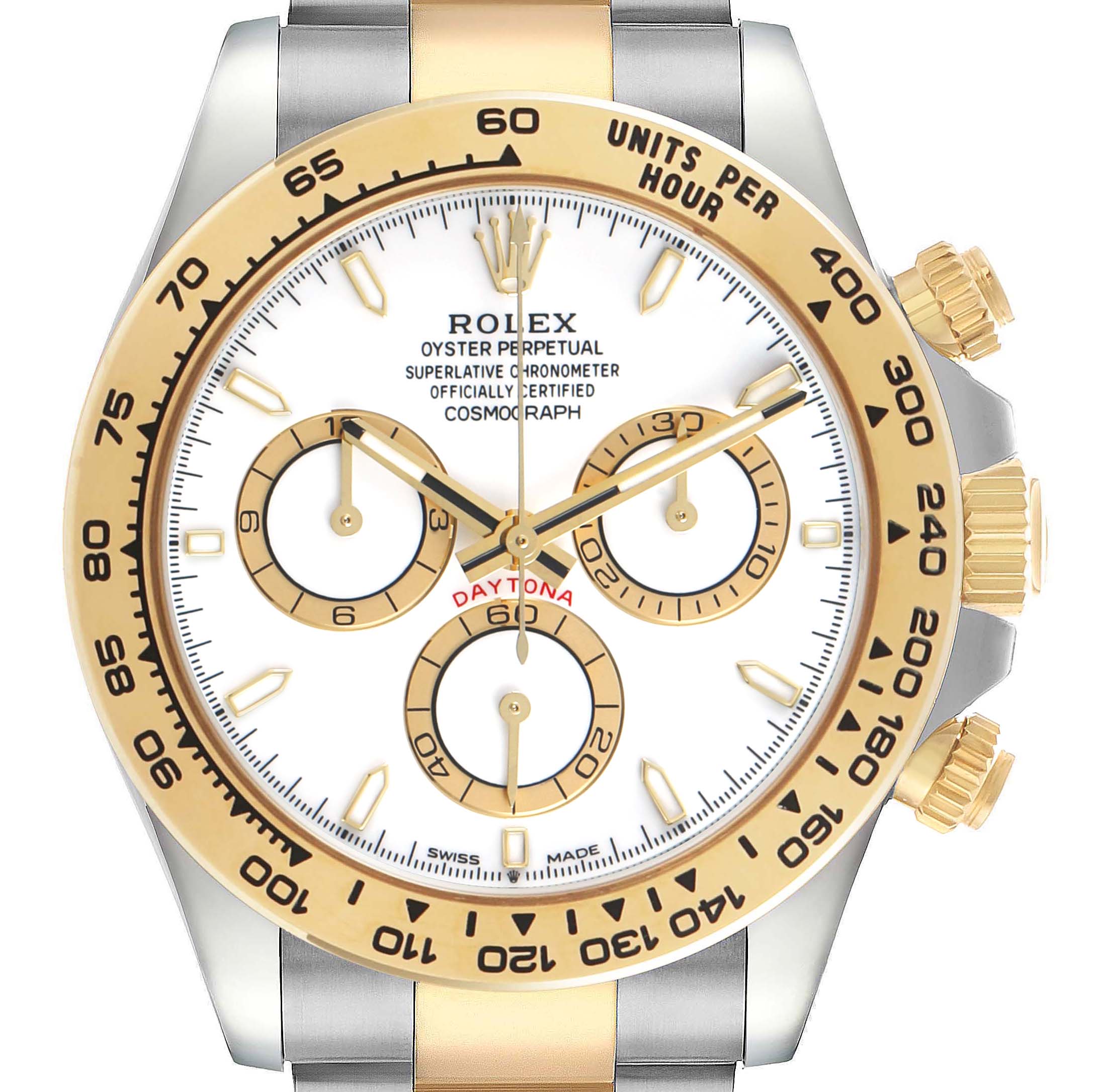 The Rolex Daytona 126503 Men's Steel and Gold (two tone) White Dial watch is shown from a front angle, highlighting its dial, bezel, and chronograph subdials.