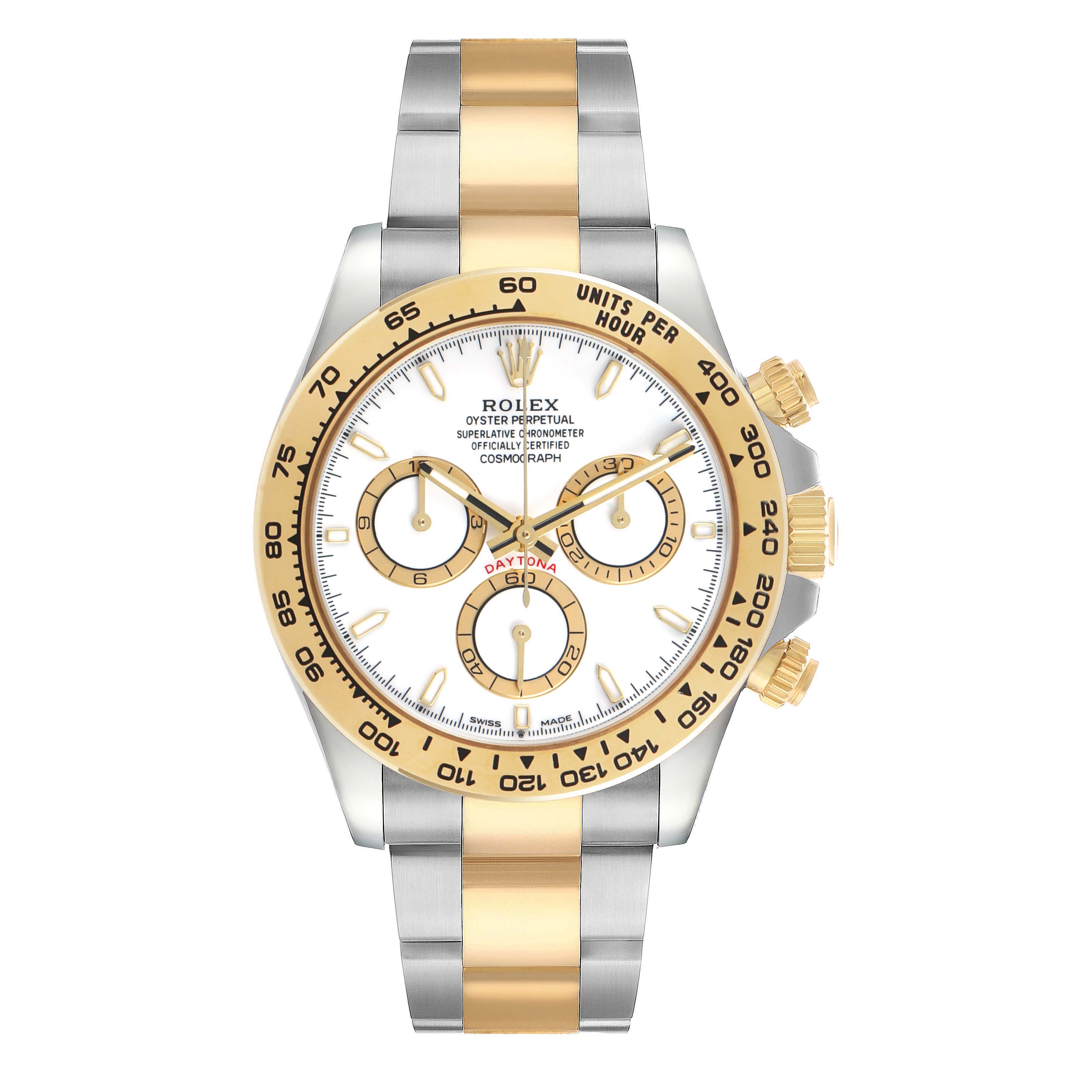 The Rolex Daytona 126503 Men's Steel and Gold (two tone) White Dial watch is shown from the front, displaying the face, bezel, and two-tone bracelet.