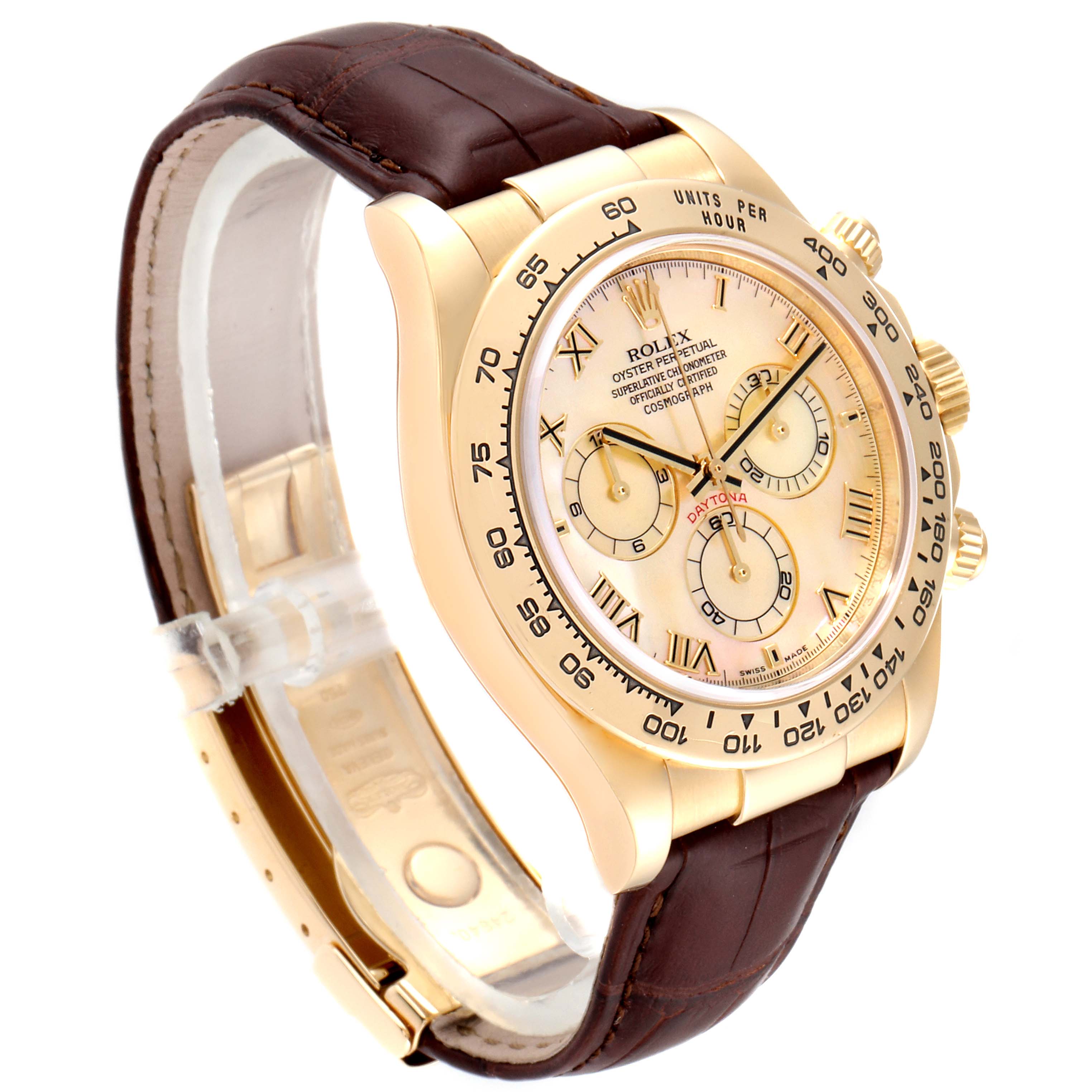 The image shows a Rolex Daytona 116518 Men's Yellow Gold Mother of Pearl Dial 116518 Men's Yellow Gold Mother of Pearl Dial model wristwatch from a slightly angled side view, highlighting the face, bezel, and strap.