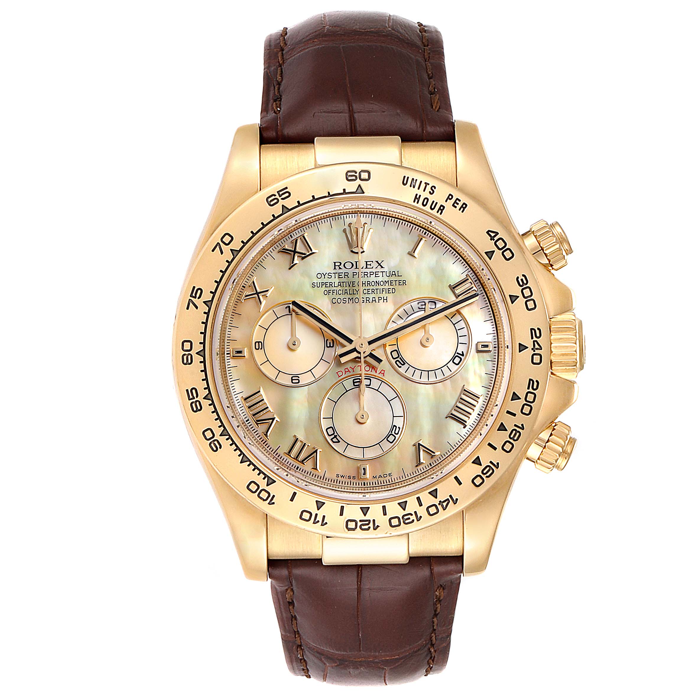The image shows a front view of a Rolex Daytona 116518 Men's Yellow Gold Mother of Pearl Dial 116518 Men's Yellow Gold Mother of Pearl Dial watch with a gold case, brown leather strap, and a detailed dial.