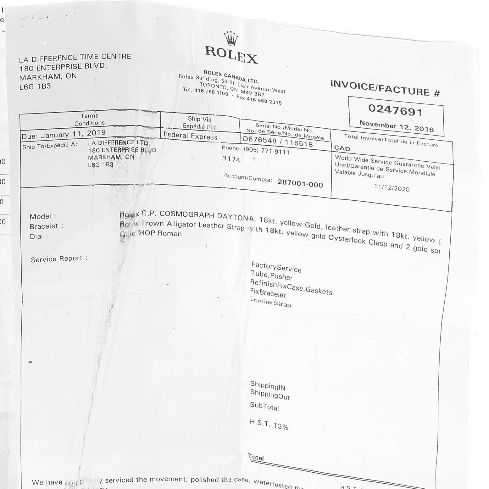 The image shows a service invoice detailing an 18kt yellow gold Rolex Daytona 116518 Men's Yellow Gold Mother of Pearl Dial 116518 Men's Yellow Gold Mother of Pearl Dial watch and its accessories, including a leather strap and Oysterlock clasp.