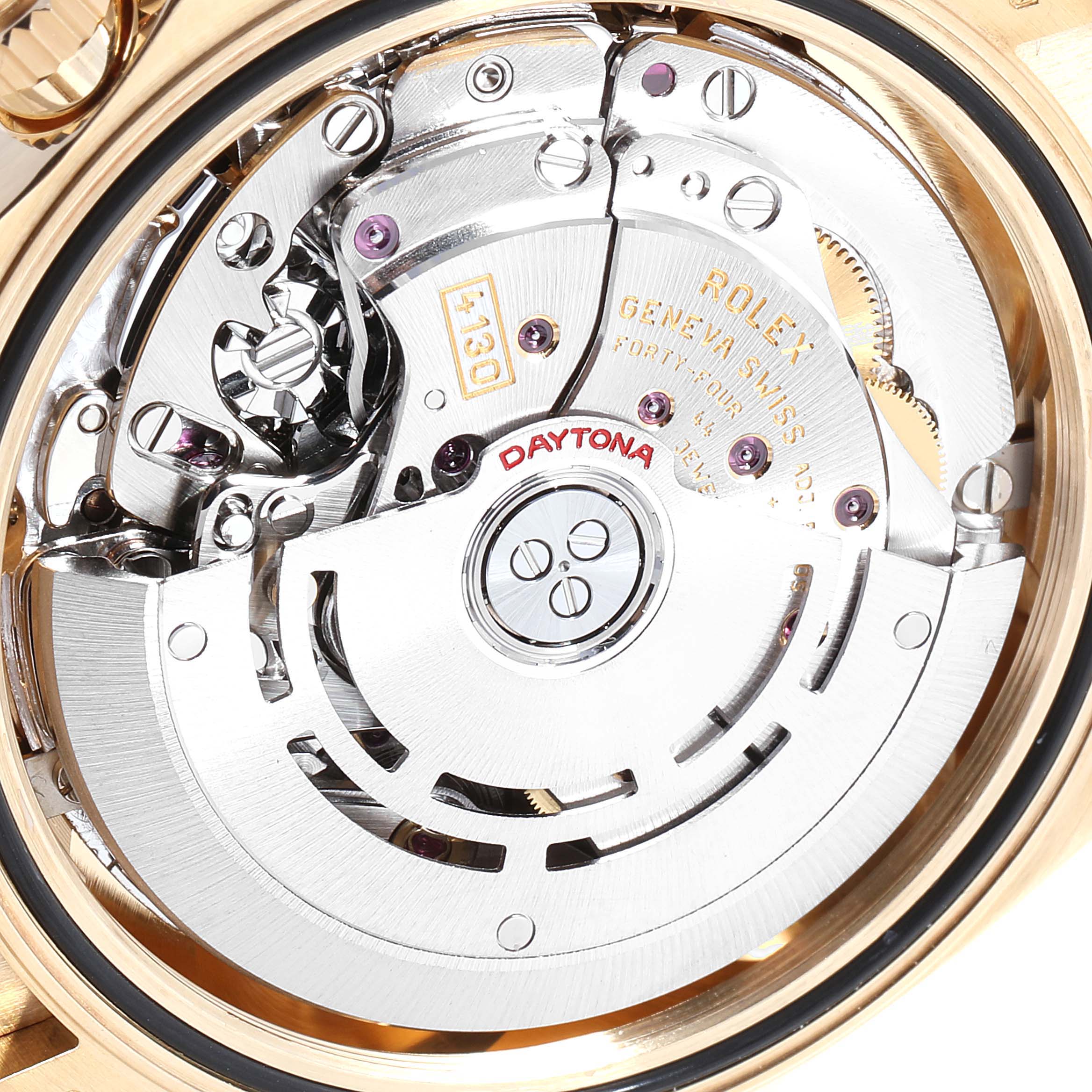 The image shows the movement mechanism of a Rolex Daytona 116518 Men's Yellow Gold Mother of Pearl Dial 116518 Men's Yellow Gold Mother of Pearl Dial watch, highlighting its intricate internal components.