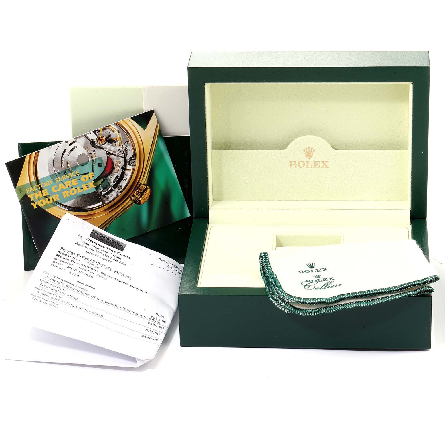 The image shows the packaging, documents, and cloth for a Rolex Daytona 116518 Men's Yellow Gold Mother of Pearl Dial 116518 Men's Yellow Gold Mother of Pearl Dial watch, with the watch box prominently displayed.