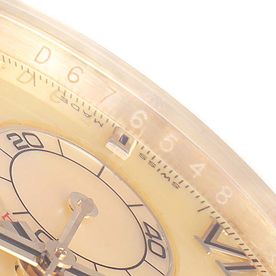 The image shows a close-up of a Rolex Daytona 116518 Men's Yellow Gold Mother of Pearl Dial 116518 Men's Yellow Gold Mother of Pearl Dial's dial and part of the bezel, highlighting the numerals and markers.