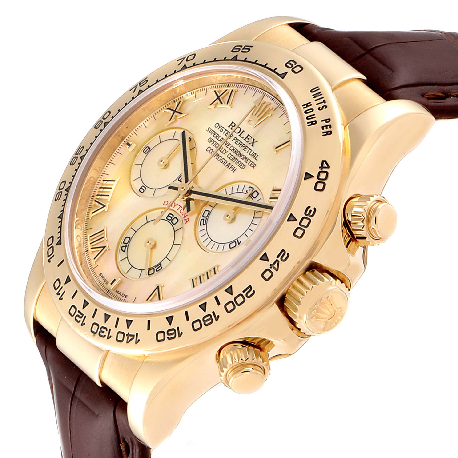 The image shows a side angle of a Rolex Daytona 116518 Men's Yellow Gold Mother of Pearl Dial 116518 Men's Yellow Gold Mother of Pearl Dial watch, highlighting the gold case, bezel, and crown with a brown leather strap.