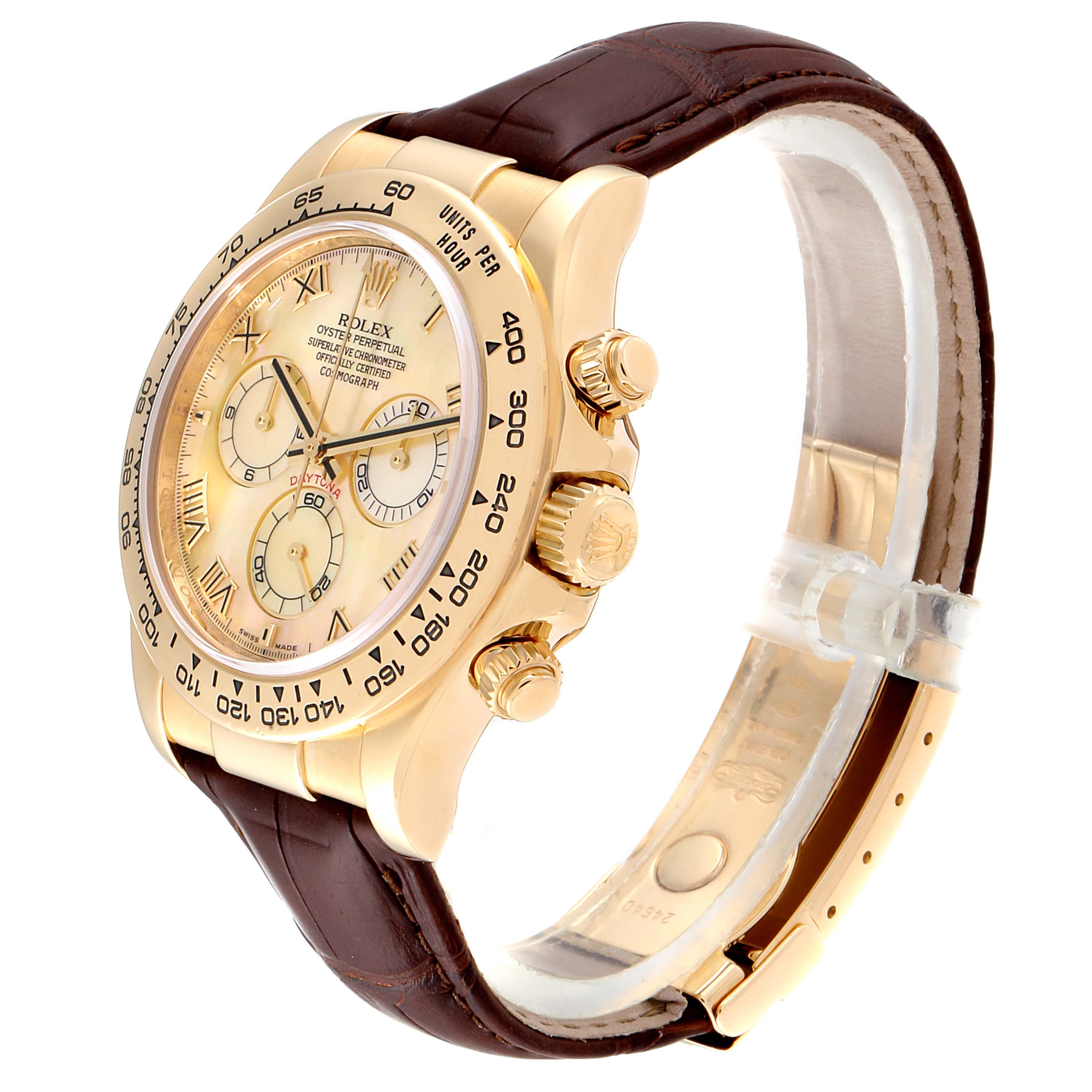 The image shows a side view of a Rolex Daytona 116518 Men's Yellow Gold Mother of Pearl Dial 116518 Men's Yellow Gold Mother of Pearl Dial watch, highlighting its golden case, bezel, and brown leather strap.