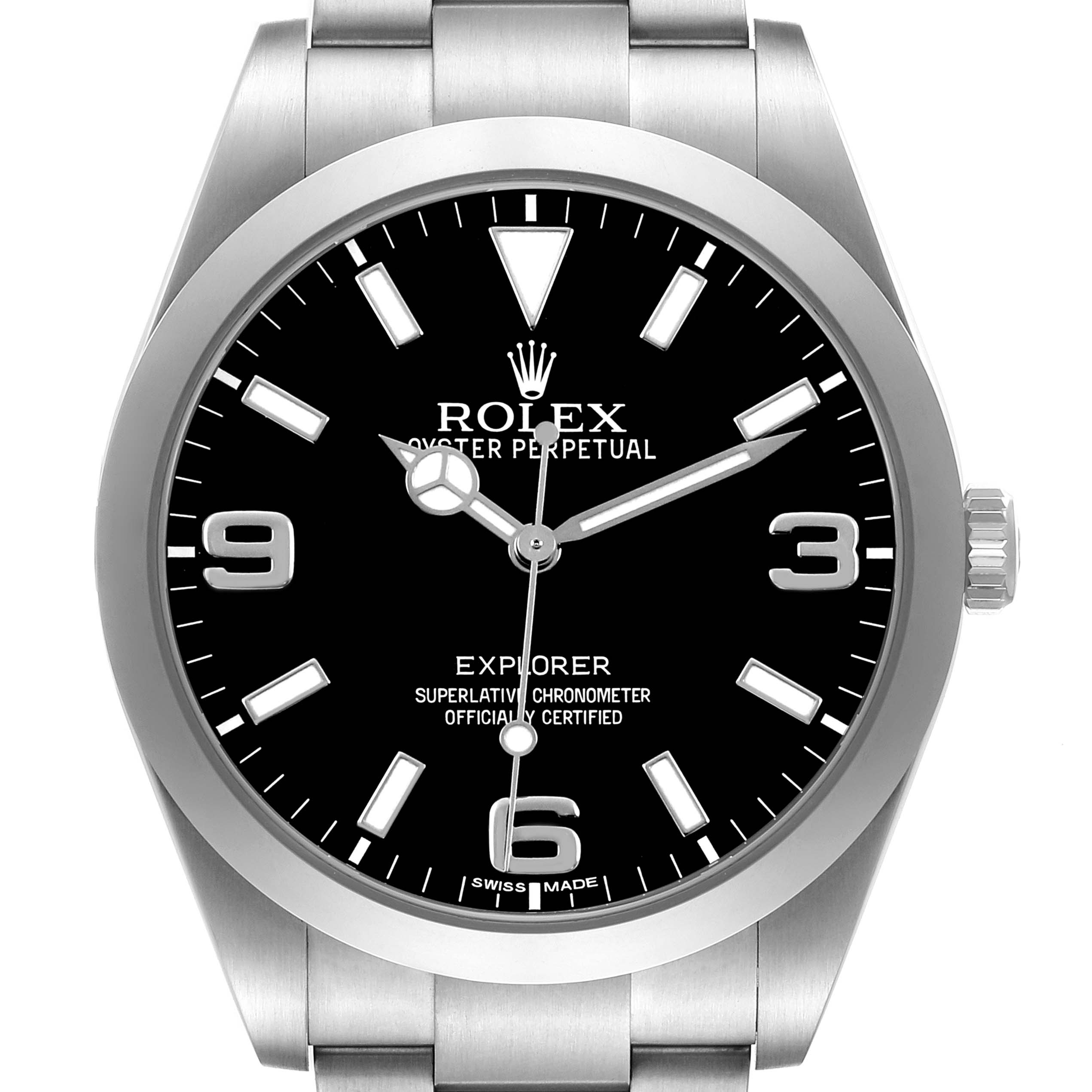 The Rolex Explorer 214270 Men's Stainless Steel Black Dial watch is shown from the front, highlighting the dial, bezel, and part of the bracelet.