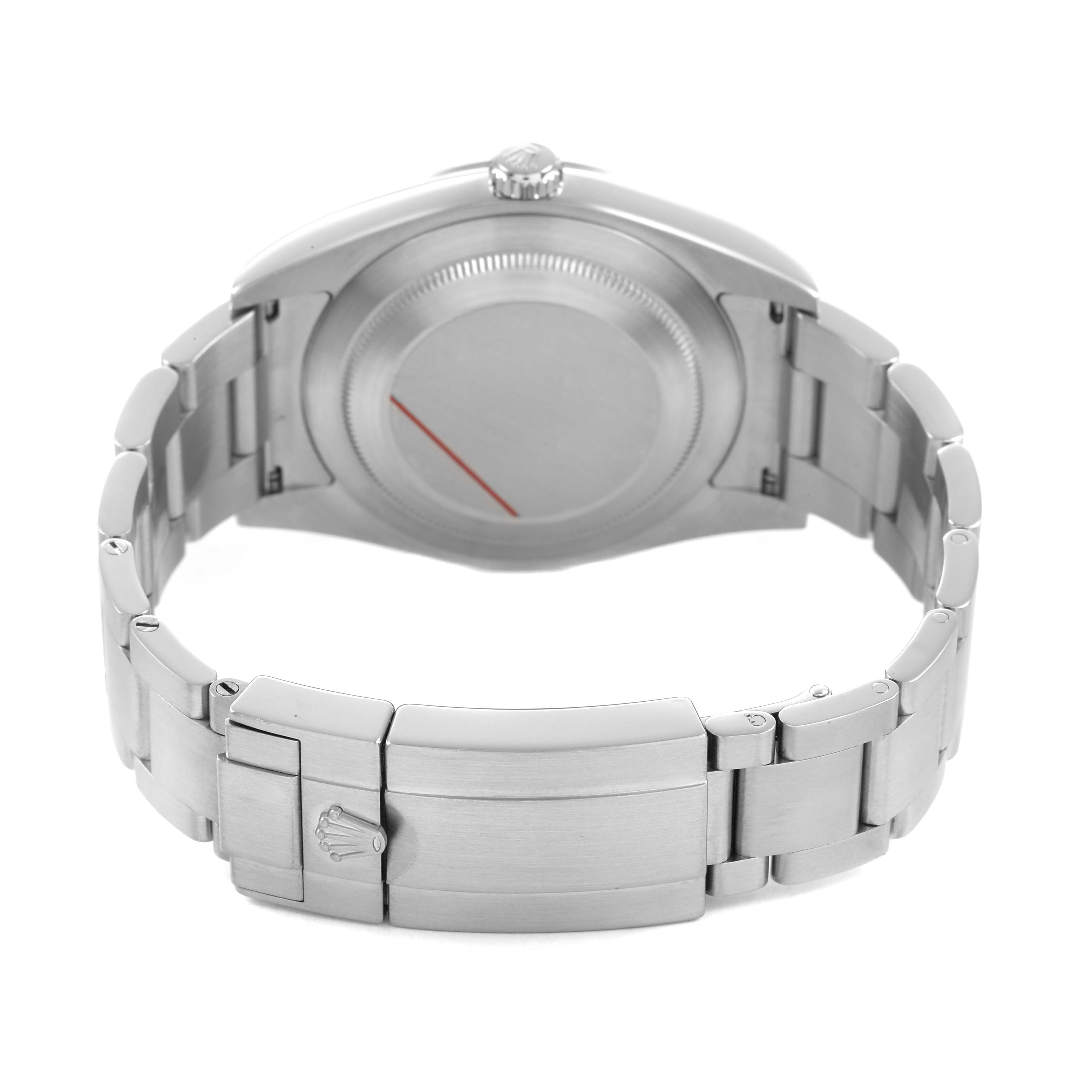 The image shows the back view of a Rolex Explorer 214270 Men's Stainless Steel Black Dial watch, highlighting its clasp and bracelet design.