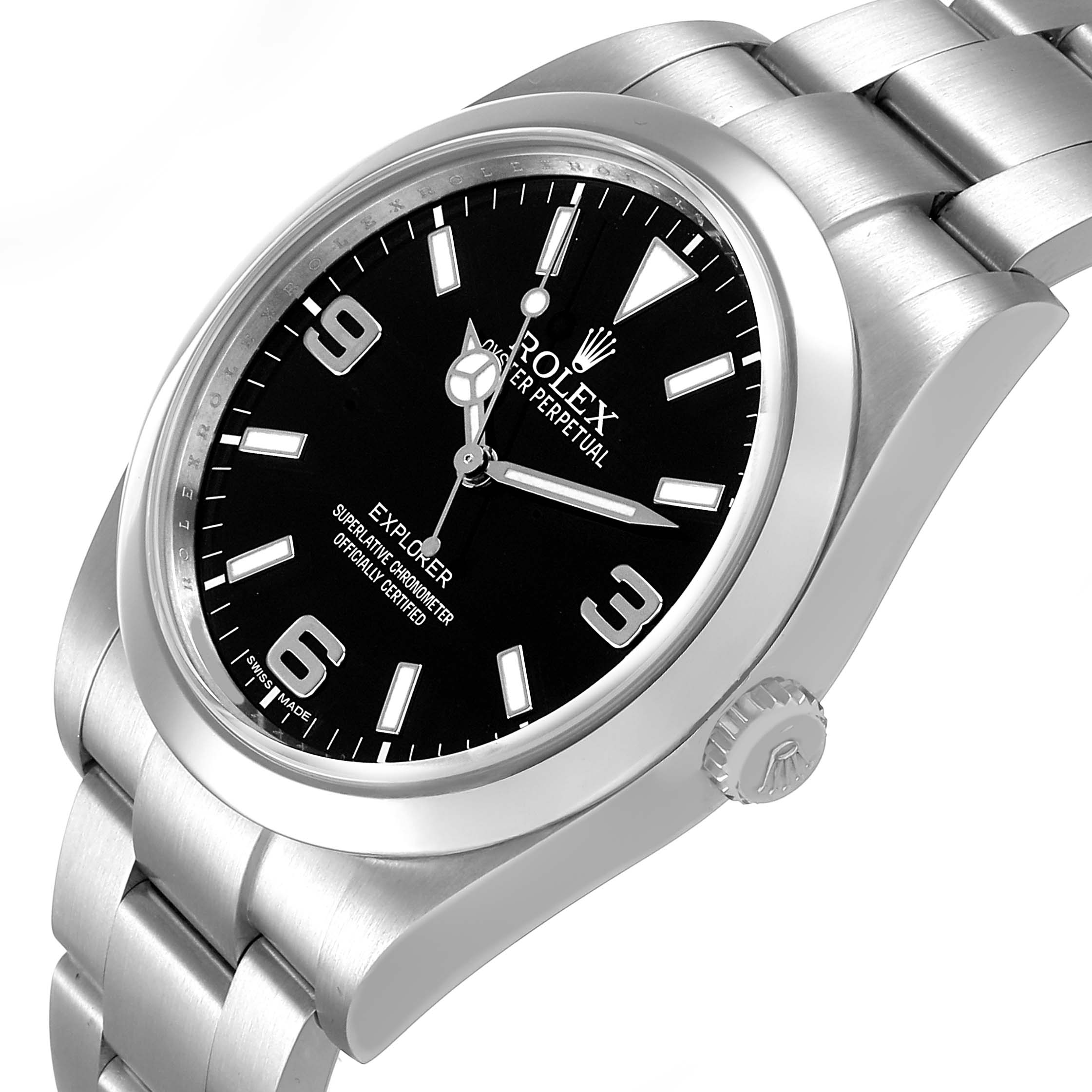 The Rolex Explorer 214270 Men's Stainless Steel Black Dial watch is shown at an oblique angle, displaying the dial, bezel, case, crown, and part of the bracelet.
