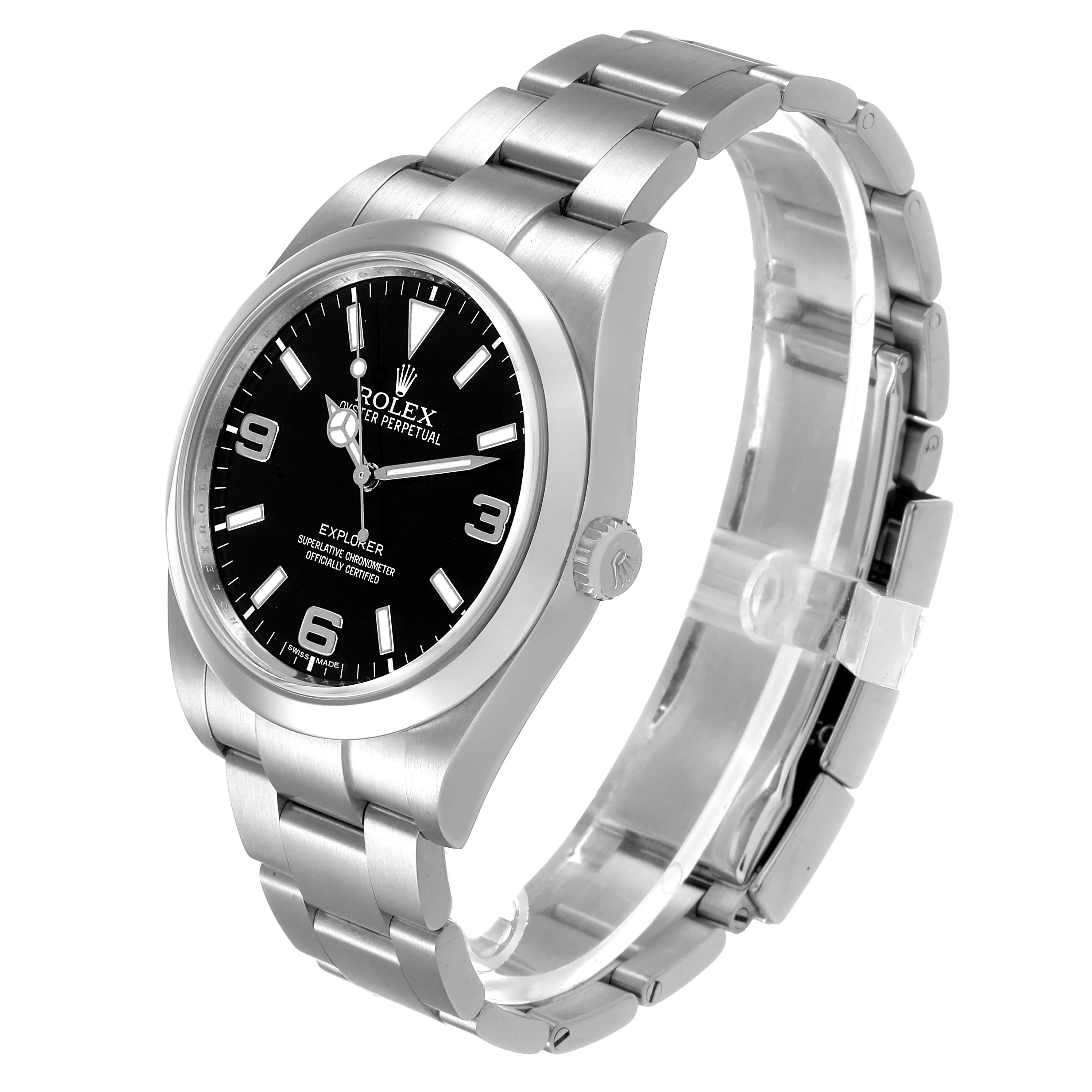 The Rolex Explorer 214270 Men's Stainless Steel Black Dial watch is shown at a slight angle, displaying the face, case, bracelet, and crown.
