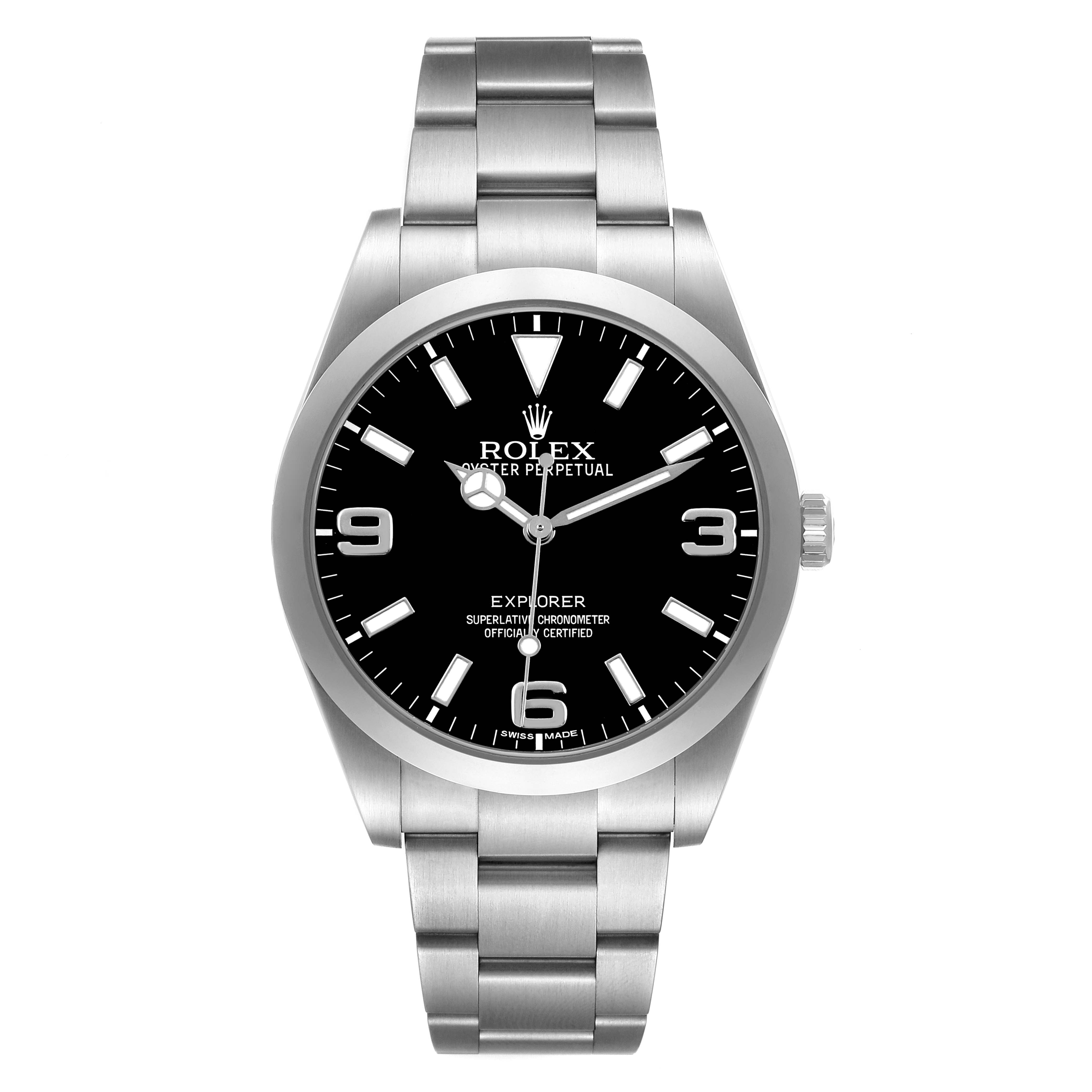 The Rolex Explorer 214270 Men's Stainless Steel Black Dial watch is shown from a front angle, displaying its face, bezel, and bracelet.