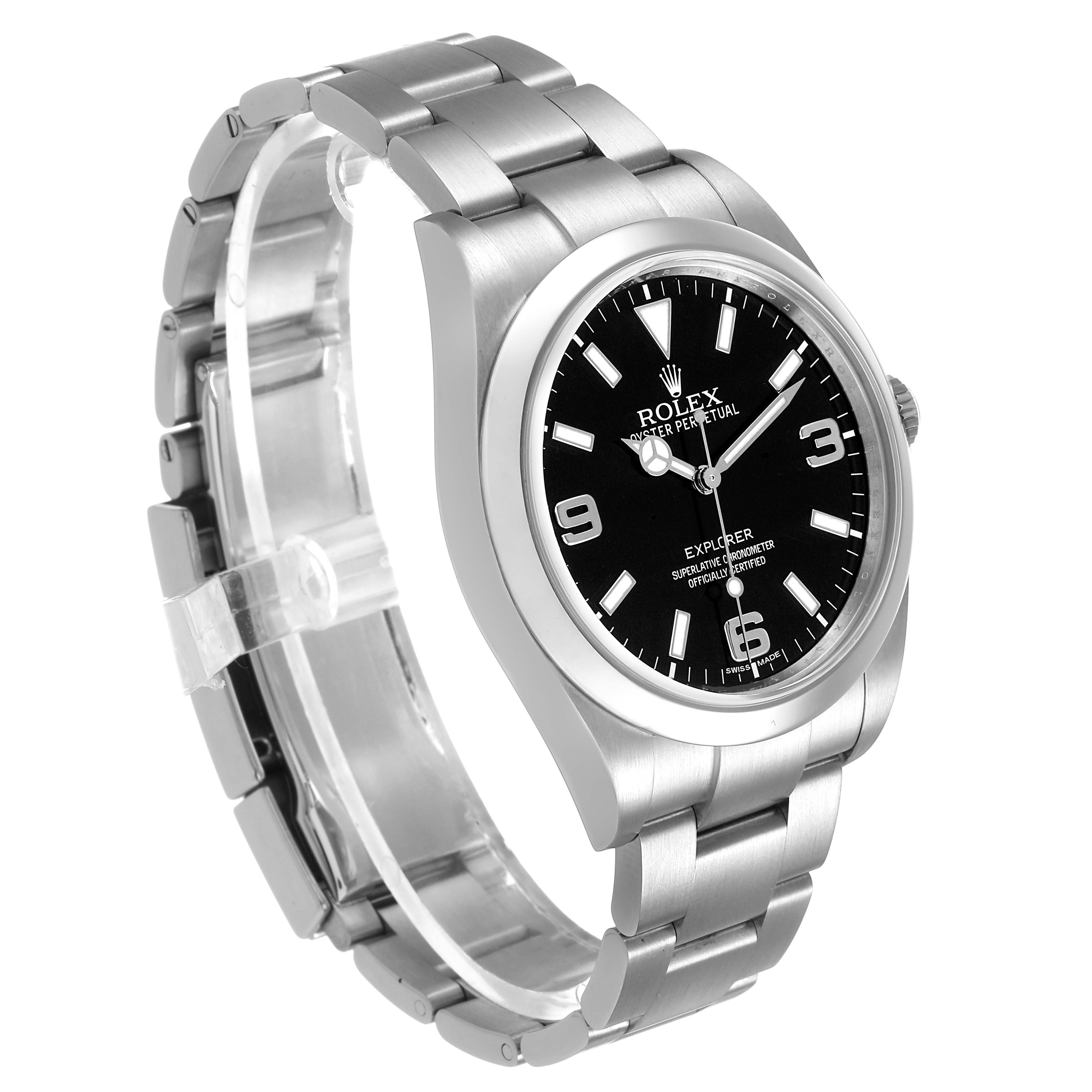 The Rolex Explorer 214270 Men's Stainless Steel Black Dial watch is shown at an angle displaying the face, bezel, and bracelet.