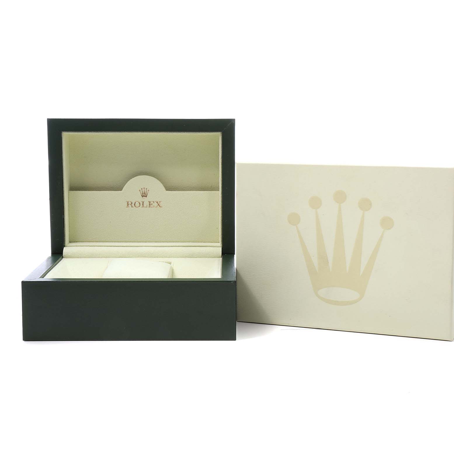 The image shows an open Rolex Explorer 214270 Men's Stainless Steel Black Dial watch box at a front angle, with the box and a logo-embellished cover.