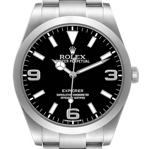The Rolex Explorer 214270 Men's Stainless Steel Black Dial watch is shown from a front angle, displaying the face, bezel, and part of the bracelet.